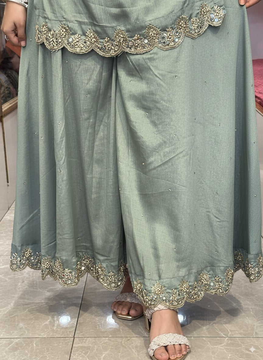 Pure Chinnon Embroidered Short Kurti Dress designs for Women with Lining & Embroidered Full Flared Divider with Strap Embroidered Dupatta