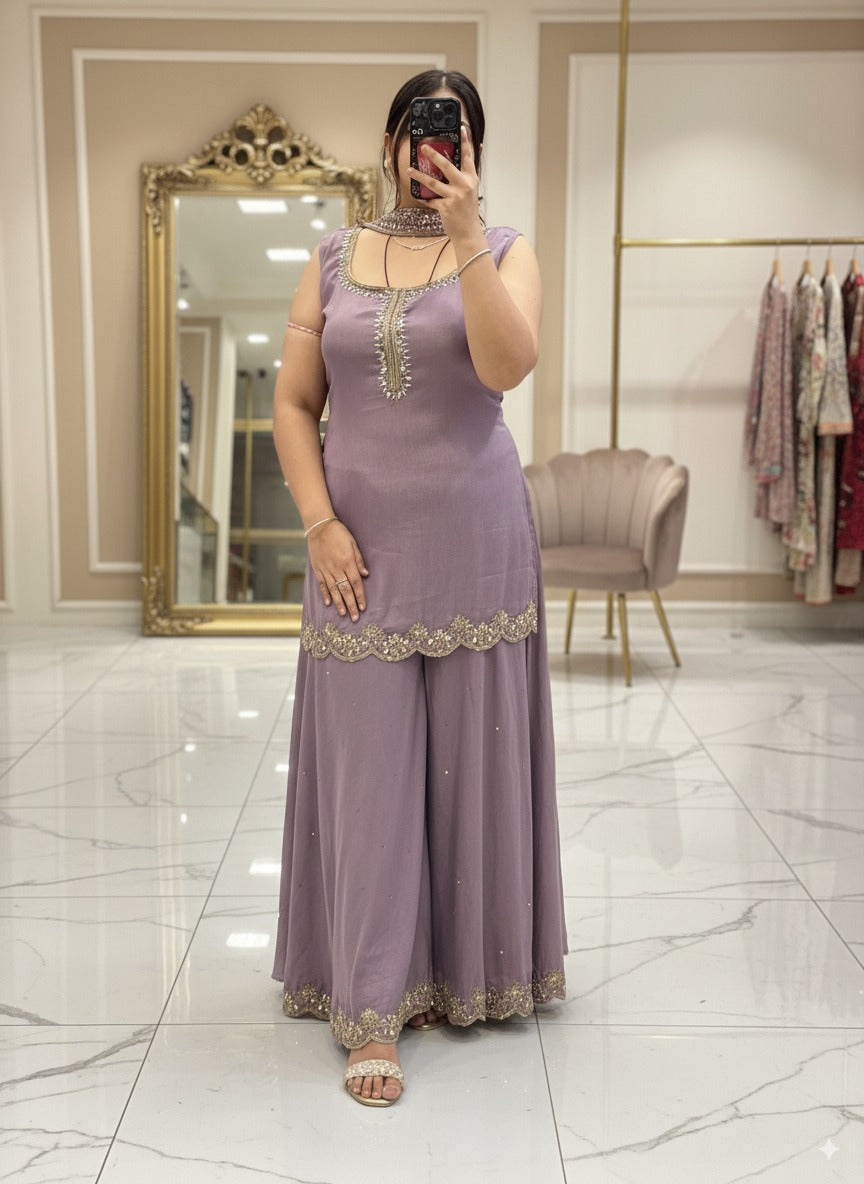 Lavender Pure Chinnon Embroidered Short Kurti Dress designs for Women with Lining & Embroidered Full Flared Divider with Strap Embroidered Dupatta