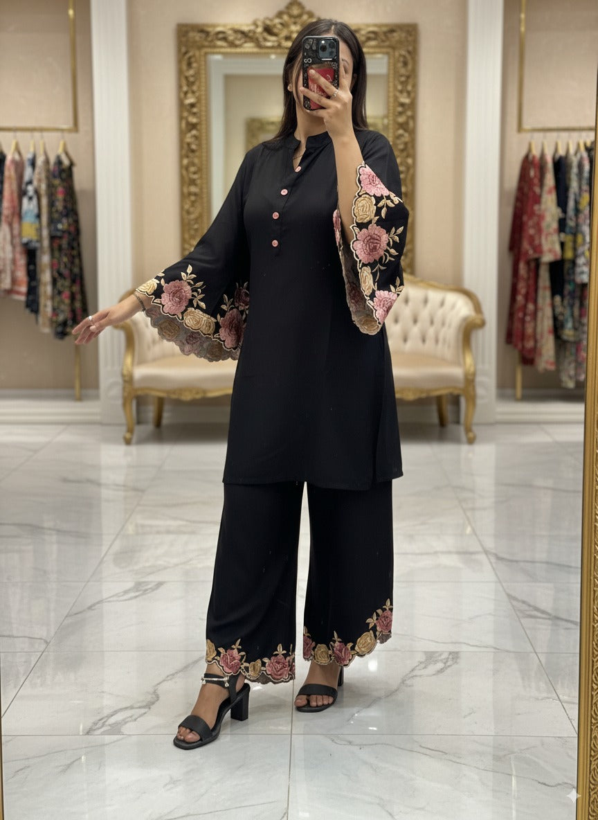 Black Ryon Cotton Coord Set with Designer Embroidered Sleeves & Embroidered Plazo