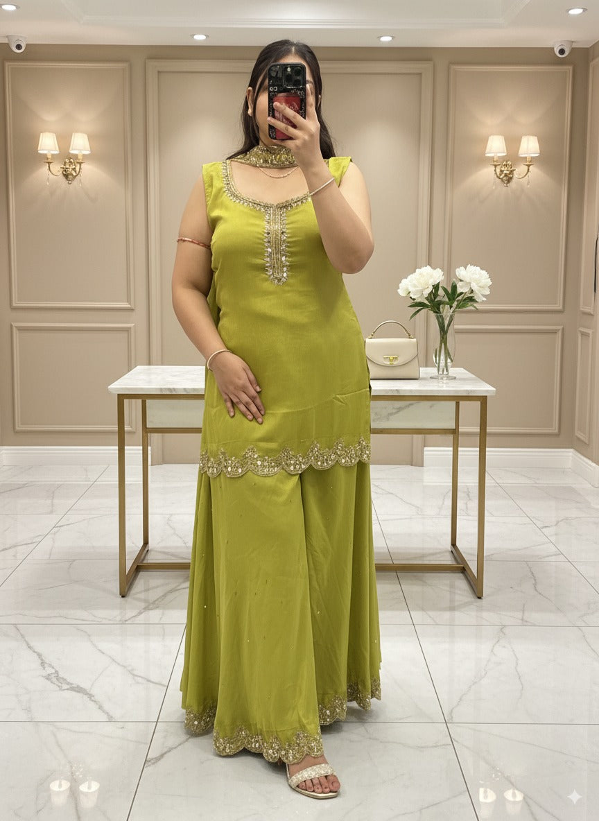 Pure Chinnon Embroidered Short Kurti Dress designs for Women with Lining & Embroidered Full Flared Divider with Strap Embroidered Dupatta
