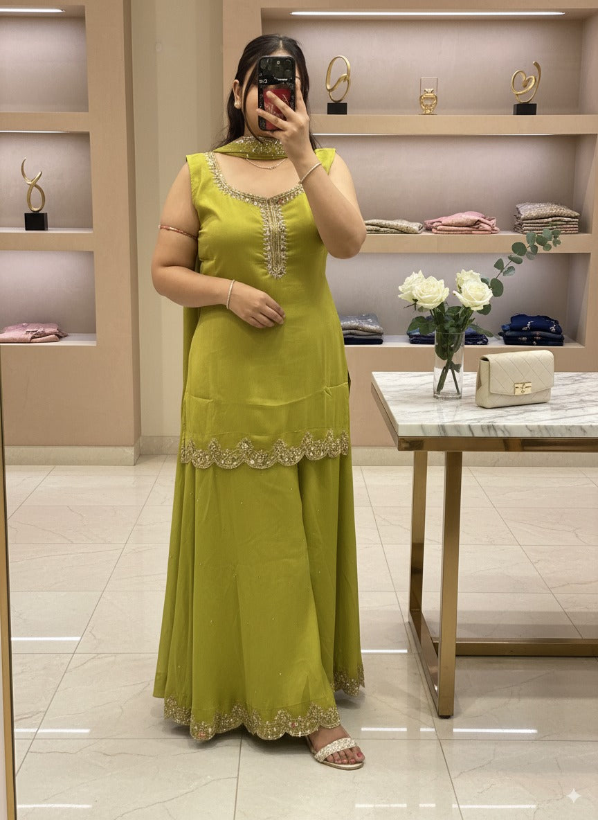 Pure Chinnon Embroidered Short Kurti Dress designs for Women with Lining & Embroidered Full Flared Divider with Strap Embroidered Dupatta