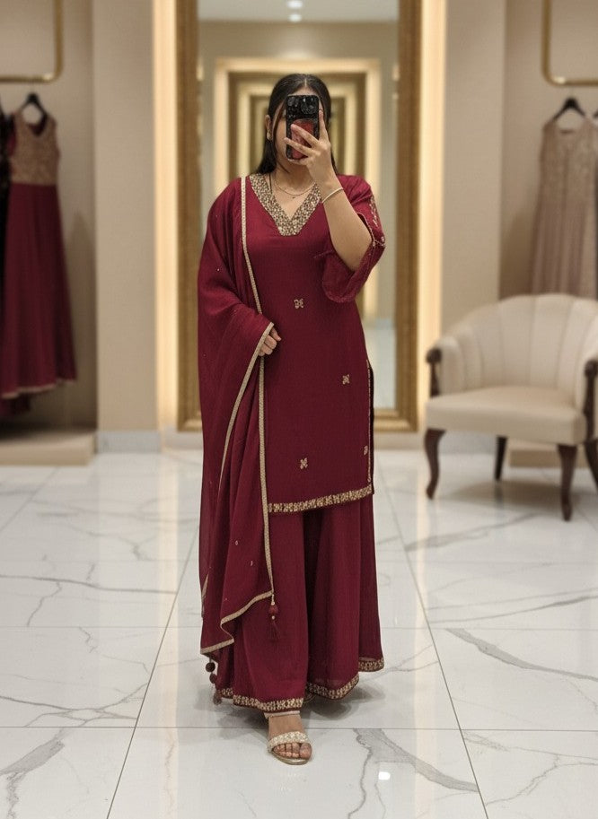 Mehroon colour V Neck Pure Chinnon Embroidered Short Kurti Dress with Lining & Embroidered Full Flared Divider with Full Embroidered Dupatta