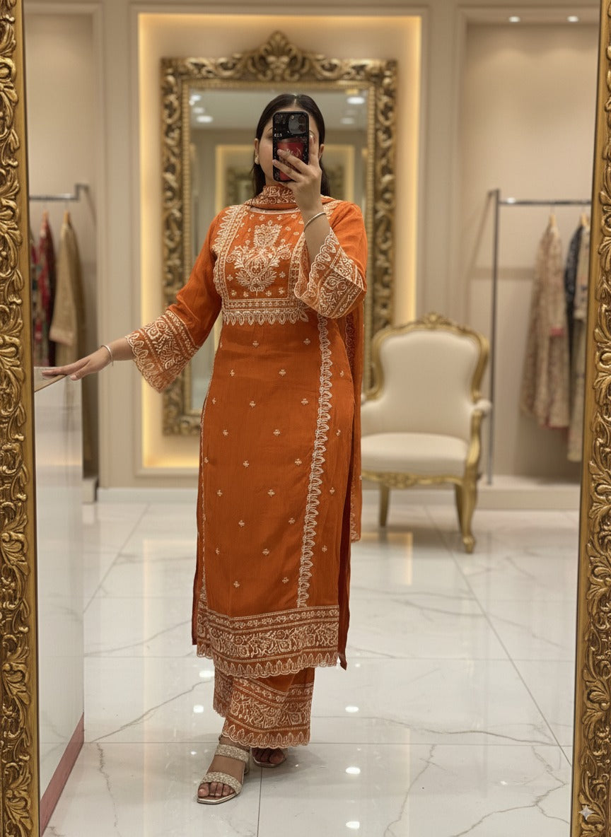 Rust Premium Pure Chinnon Embroidered Pakistani Suit with Designer Sleeves and Embroidered Plazo Along Side Full Pure Chinnon Embroidered Dupatta