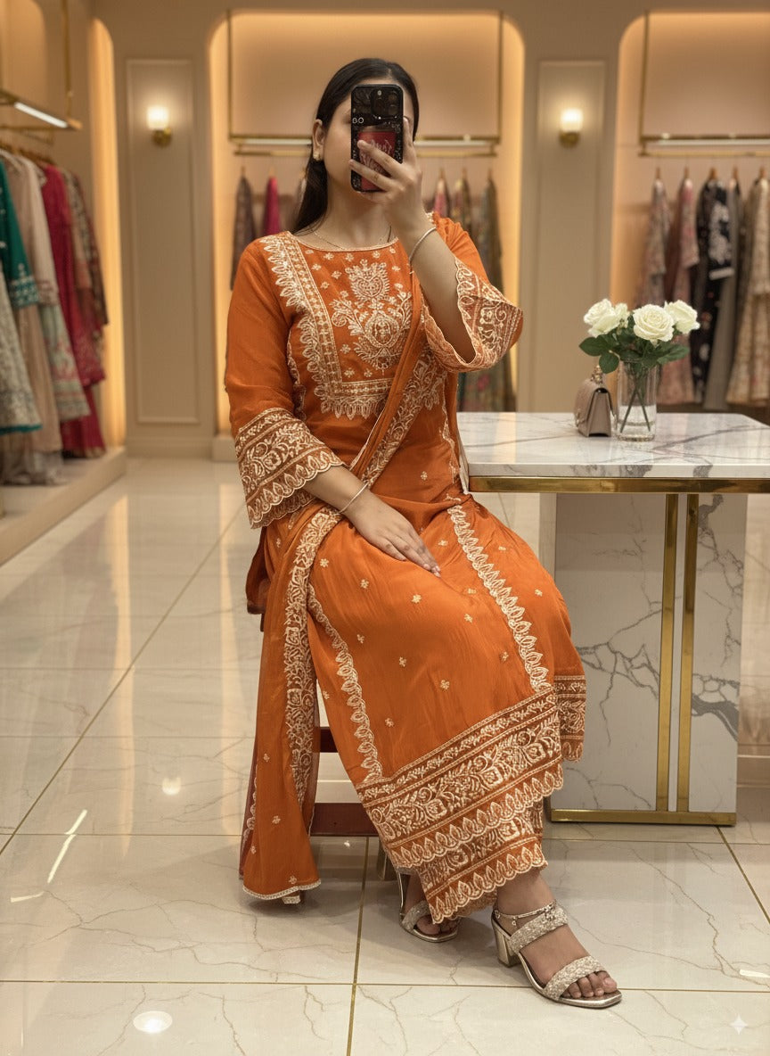 Rust Premium Pure Chinnon Embroidered Pakistani Suit with Designer Sleeves and Embroidered Plazo Along Side Full Pure Chinnon Embroidered Dupatta