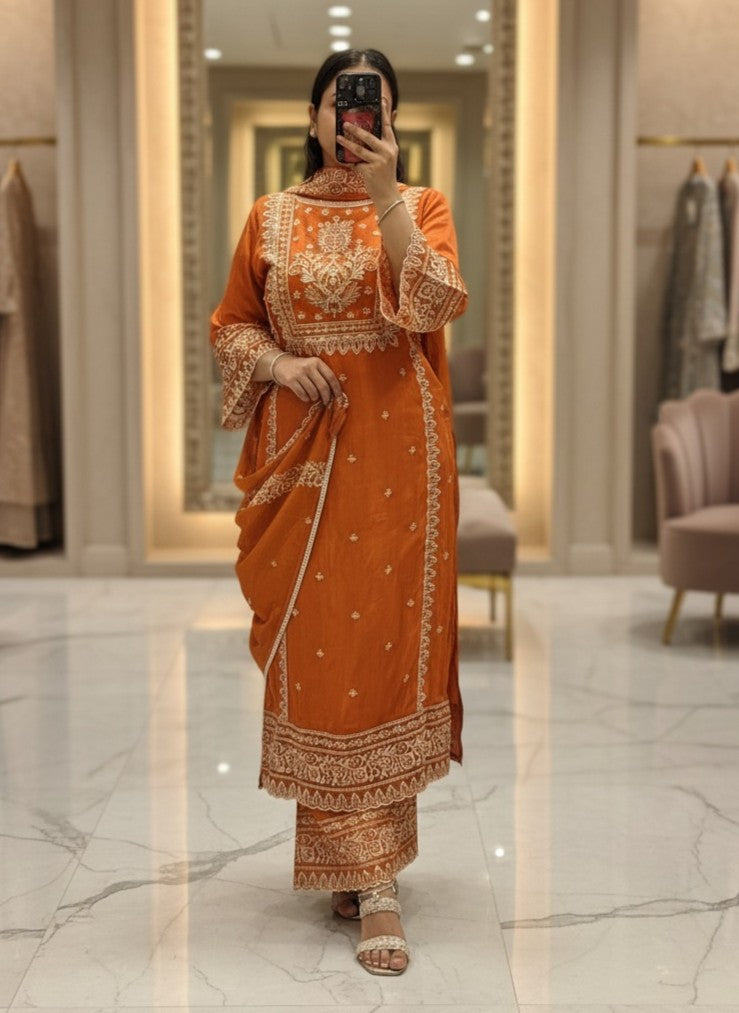 Rust Premium Pure Chinnon Embroidered Pakistani Suit with Designer Sleeves and Embroidered Plazo Along Side Full Pure Chinnon Embroidered Dupatta