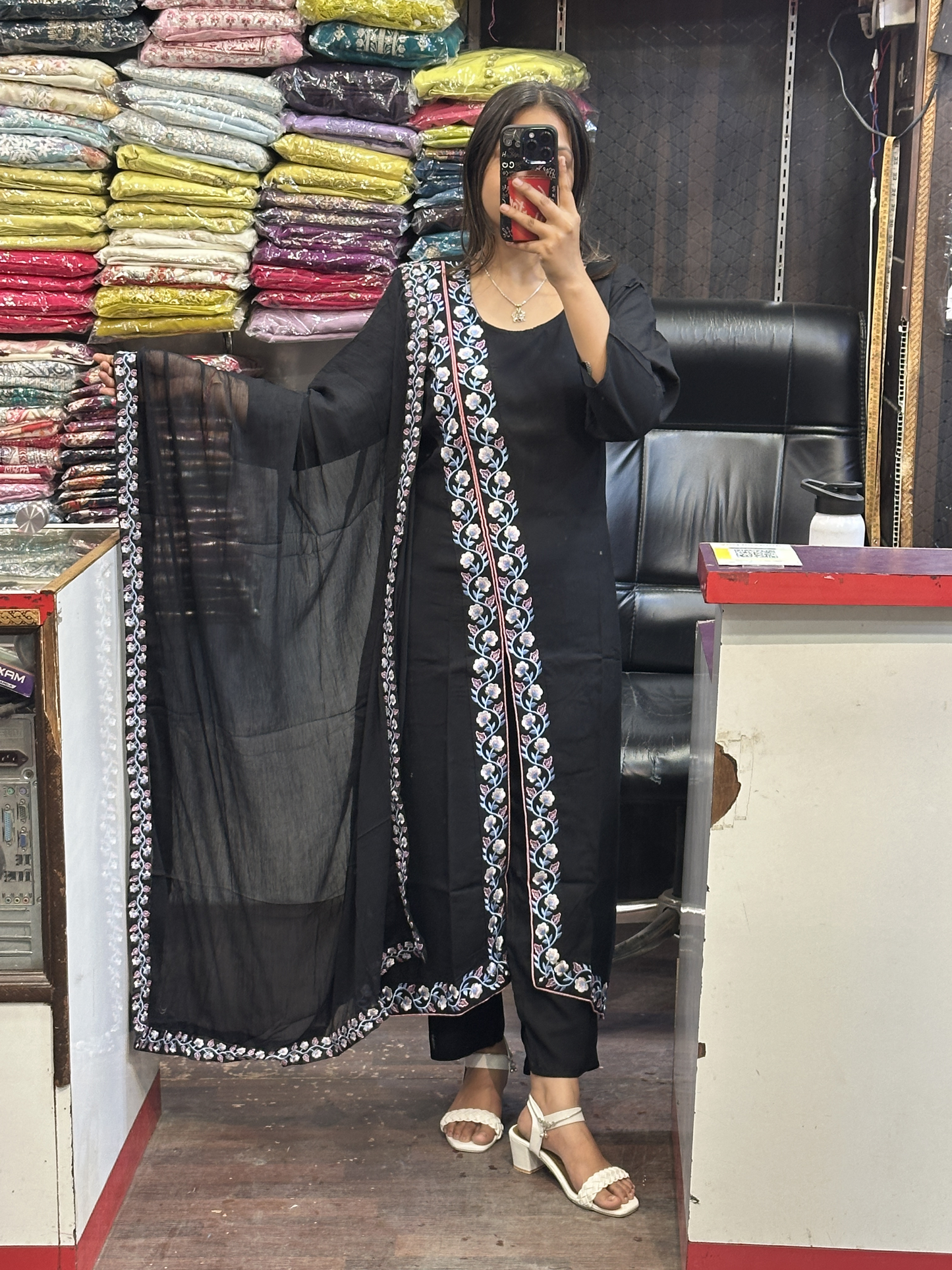Black A Line Black Ryon Cotton Hand Embroidered Dress with Four sided border Pure Dupatta