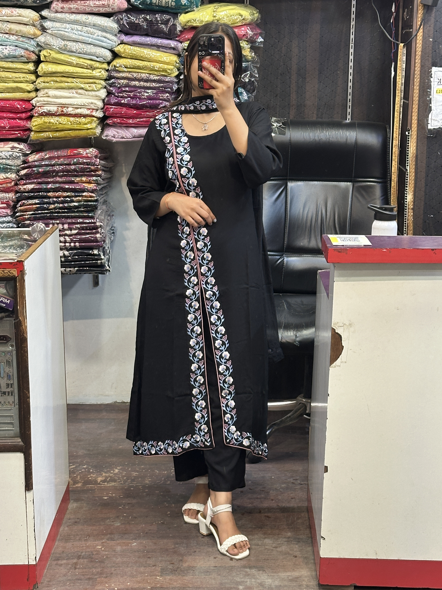 Black A Line Black Ryon Cotton Hand Embroidered Dress with Four sided border Pure Dupatta