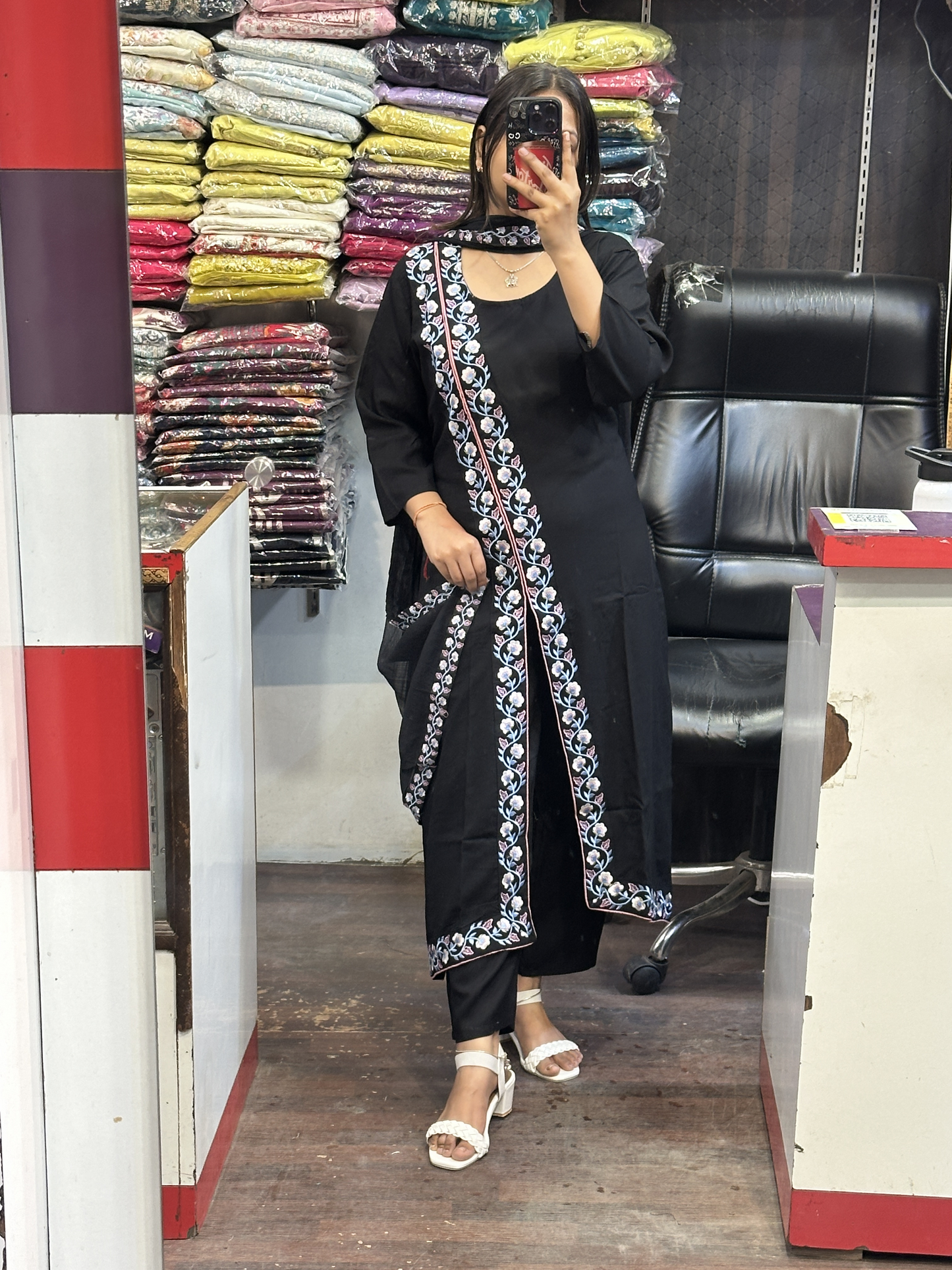 Black A Line Black Ryon Cotton Hand Embroidered Dress with Four sided border Pure Dupatta