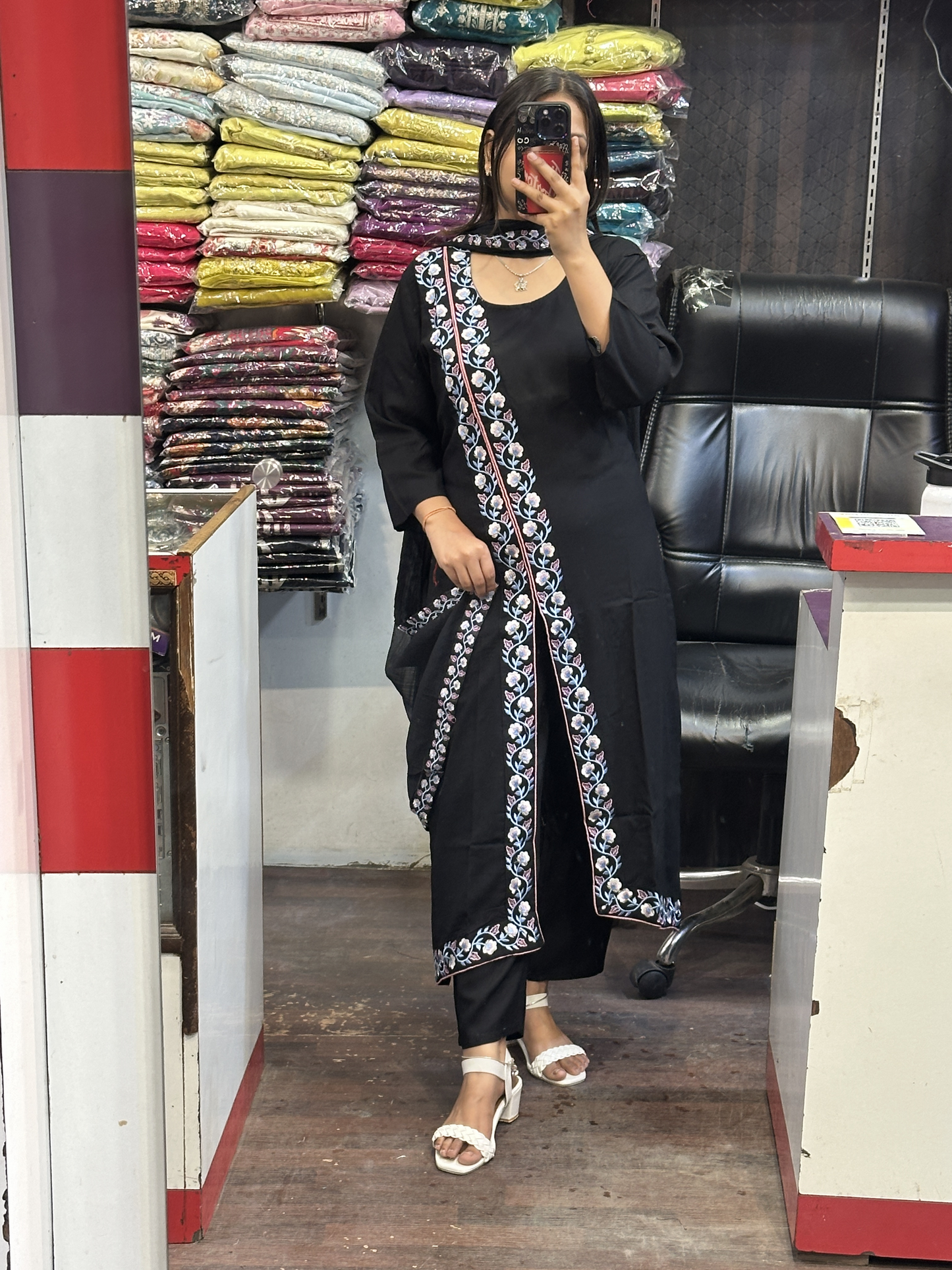 Black A Line Black Ryon Cotton Hand Embroidered Dress with Four sided border Pure Dupatta