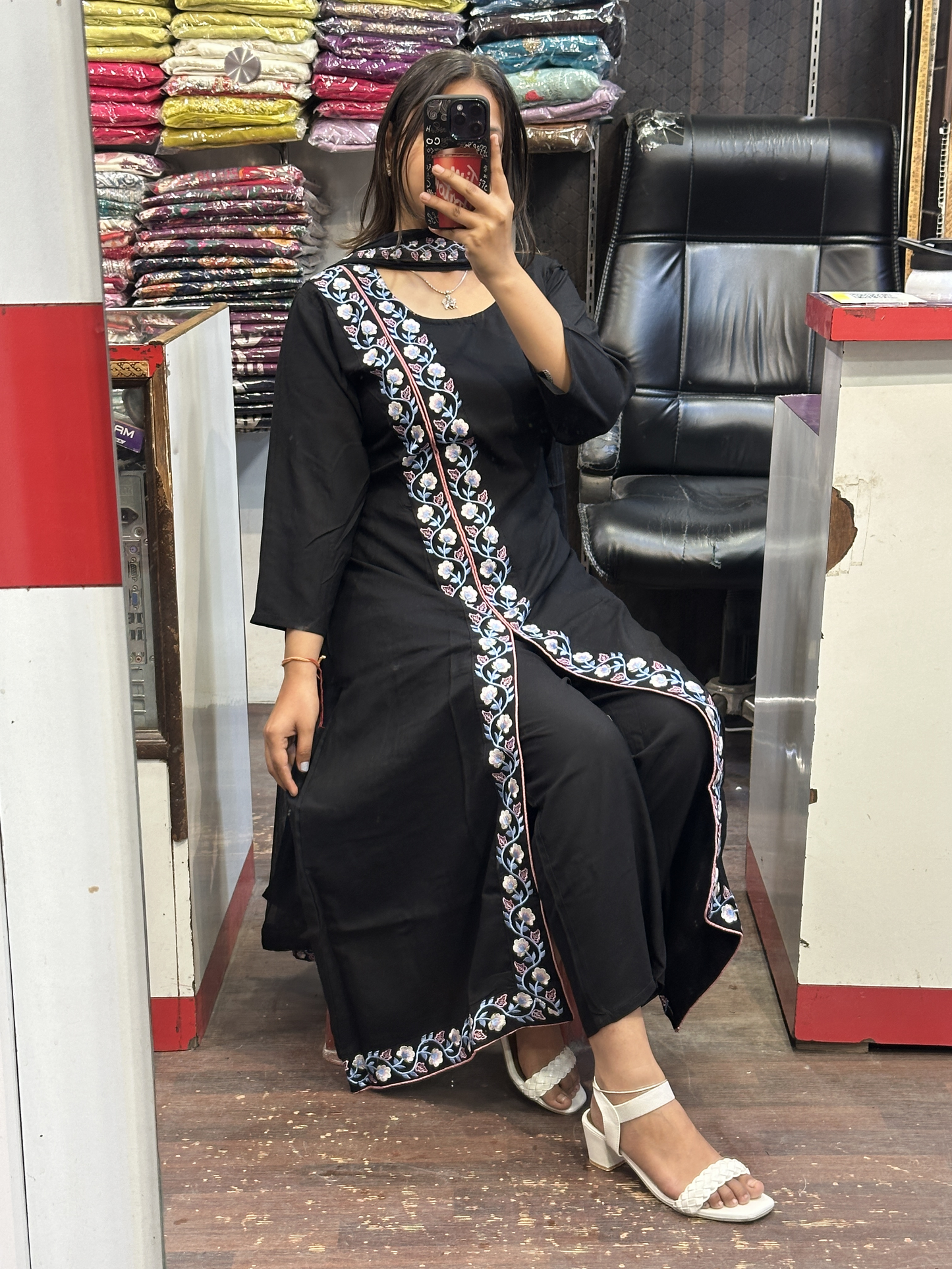 Black A Line Black Ryon Cotton Hand Embroidered Dress with Four sided border Pure Dupatta
