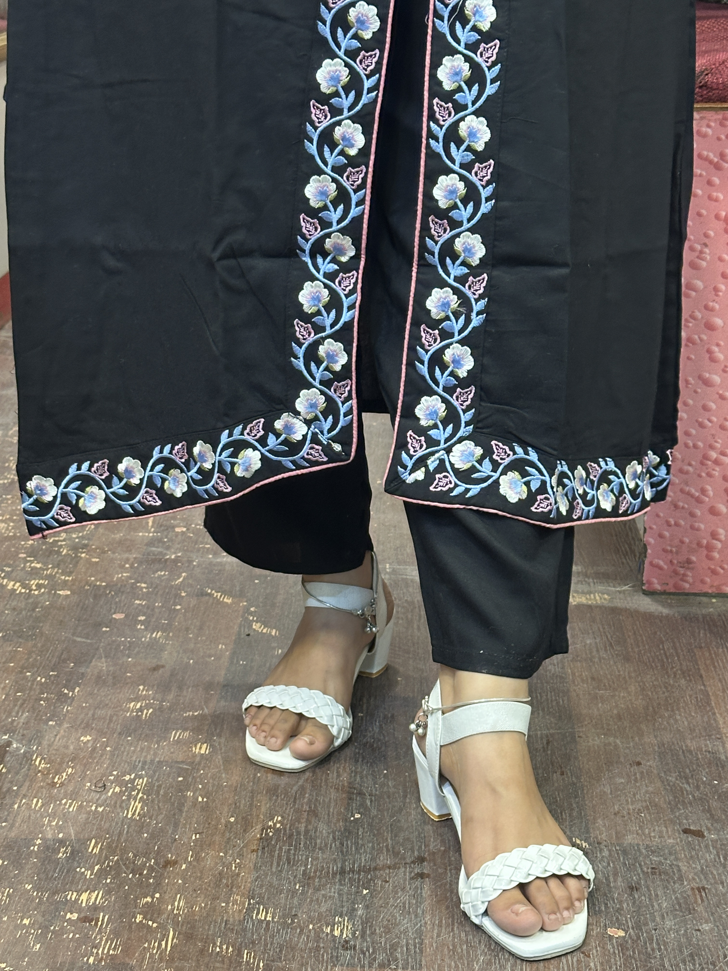 Black A Line Black Ryon Cotton Hand Embroidered Dress with Four sided border Pure Dupatta