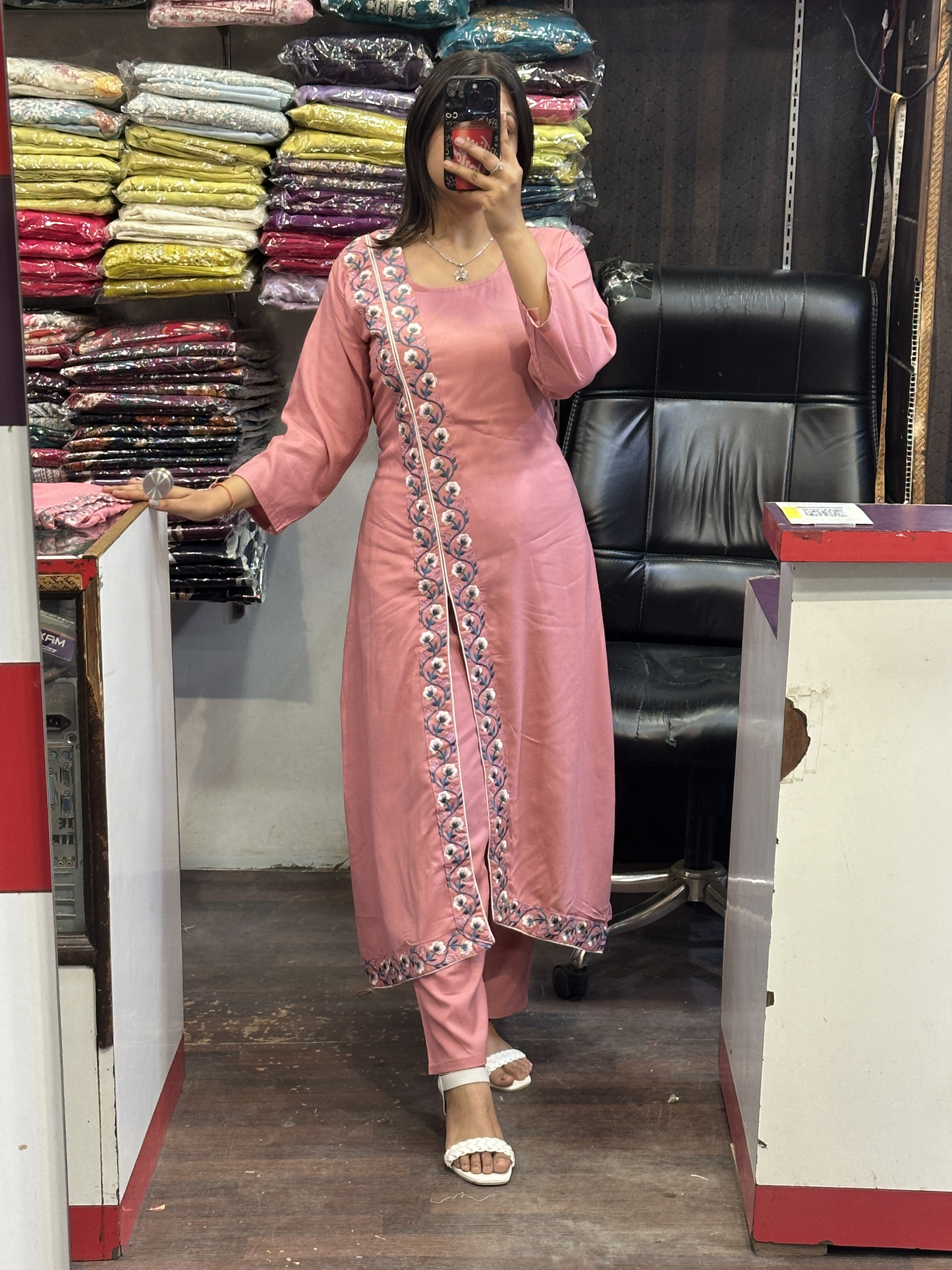 Strawberry Pink A Line Black Ryon Cotton Hand Embroidered Dress with Four sided border Pure Dupatta