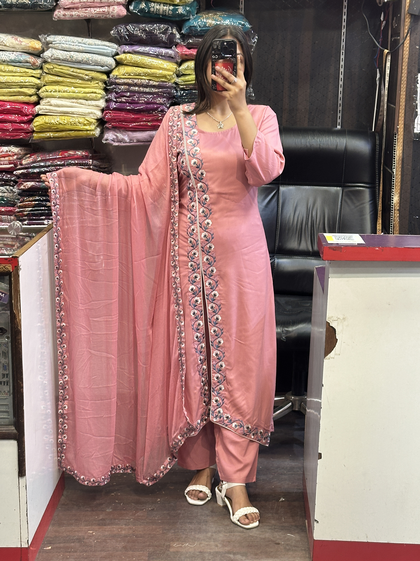 Strawberry Pink A Line Black Ryon Cotton Hand Embroidered Dress with Four sided border Pure Dupatta