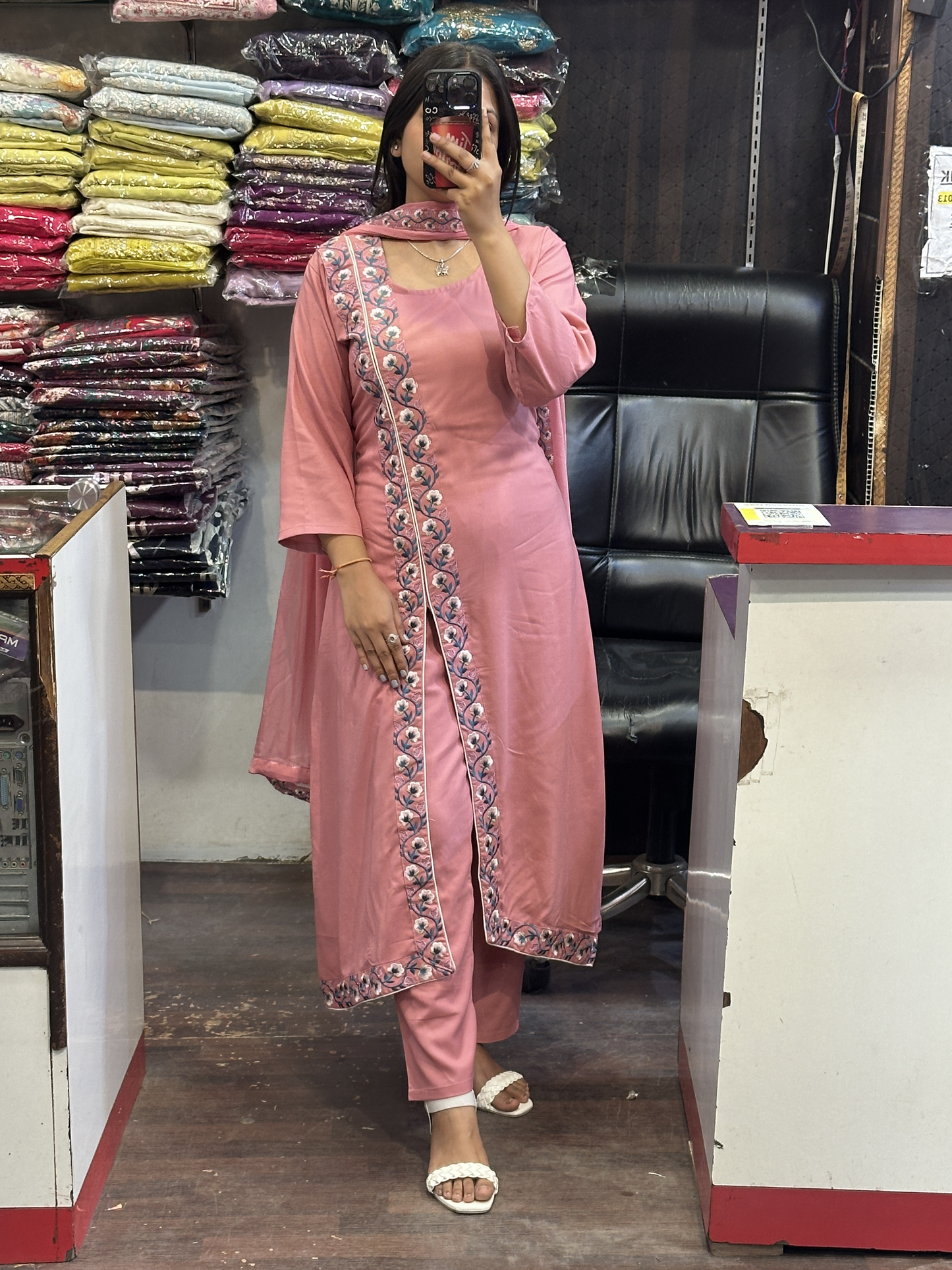 Strawberry Pink A Line Black Ryon Cotton Hand Embroidered Dress with Four sided border Pure Dupatta