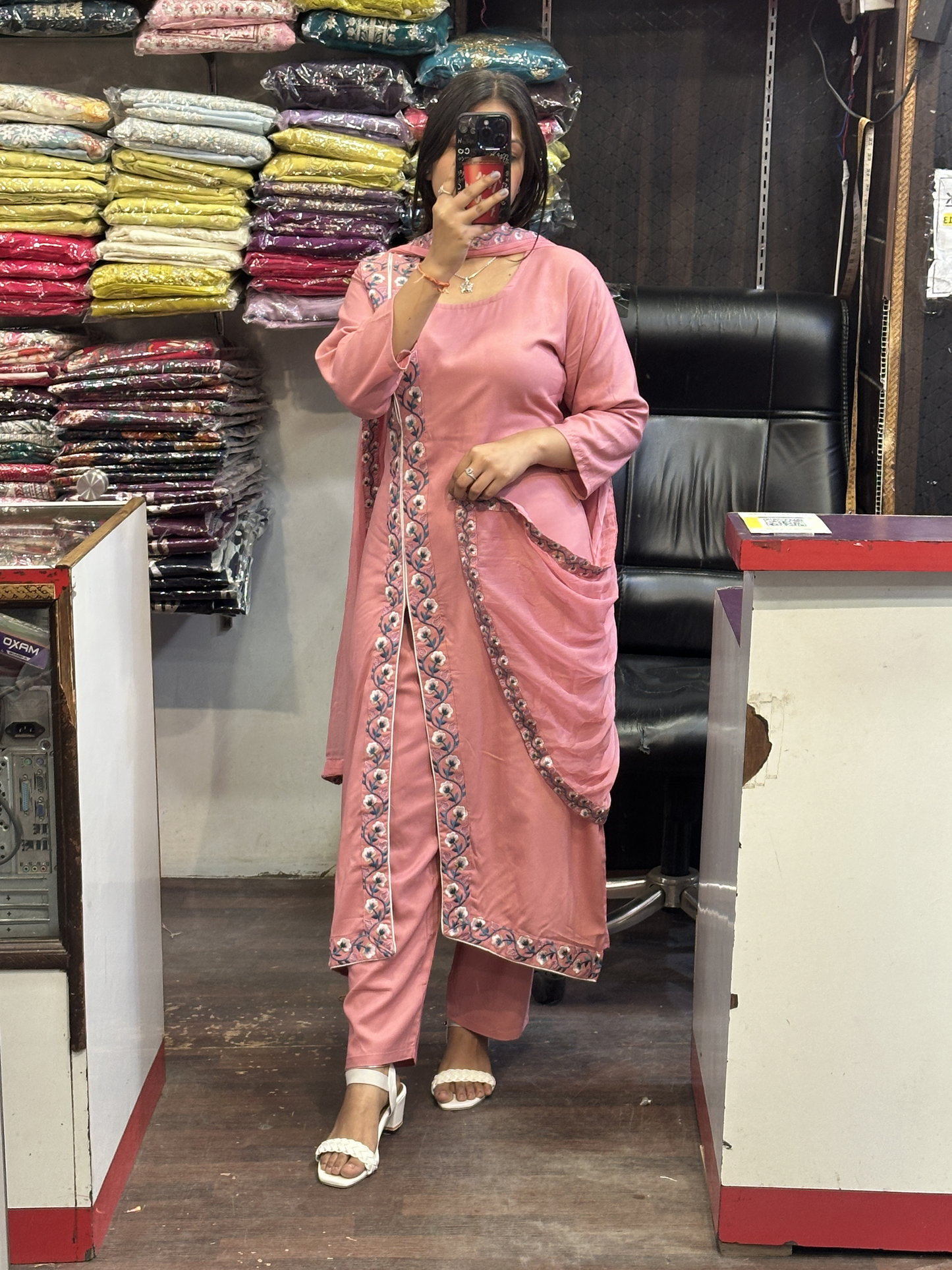 Strawberry Pink A Line Black Ryon Cotton Hand Embroidered Dress with Four sided border Pure Dupatta