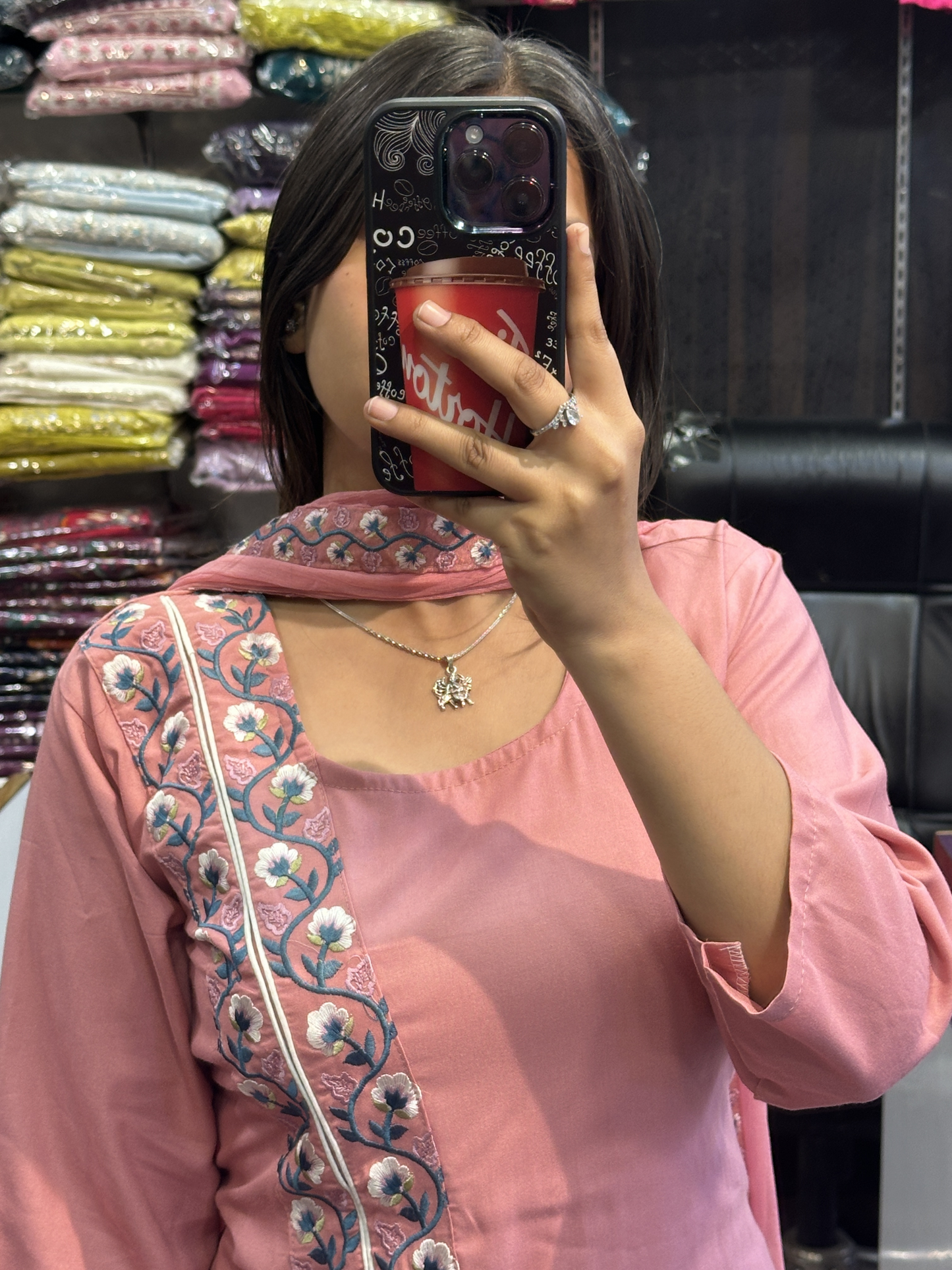 Strawberry Pink A Line Black Ryon Cotton Hand Embroidered Dress with Four sided border Pure Dupatta