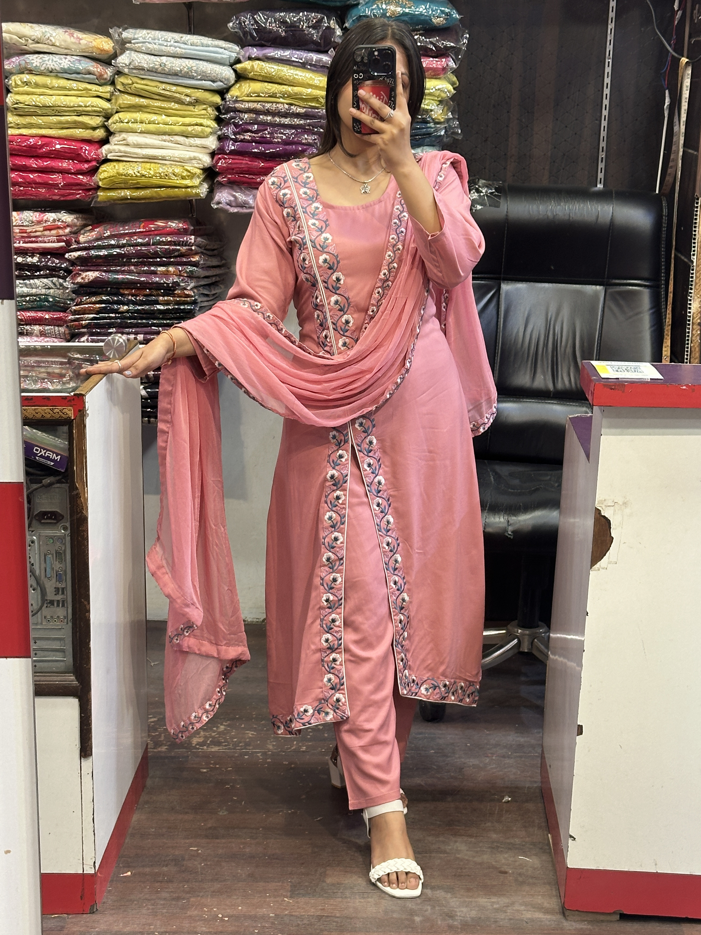 Strawberry Pink A Line Black Ryon Cotton Hand Embroidered Dress with Four sided border Pure Dupatta