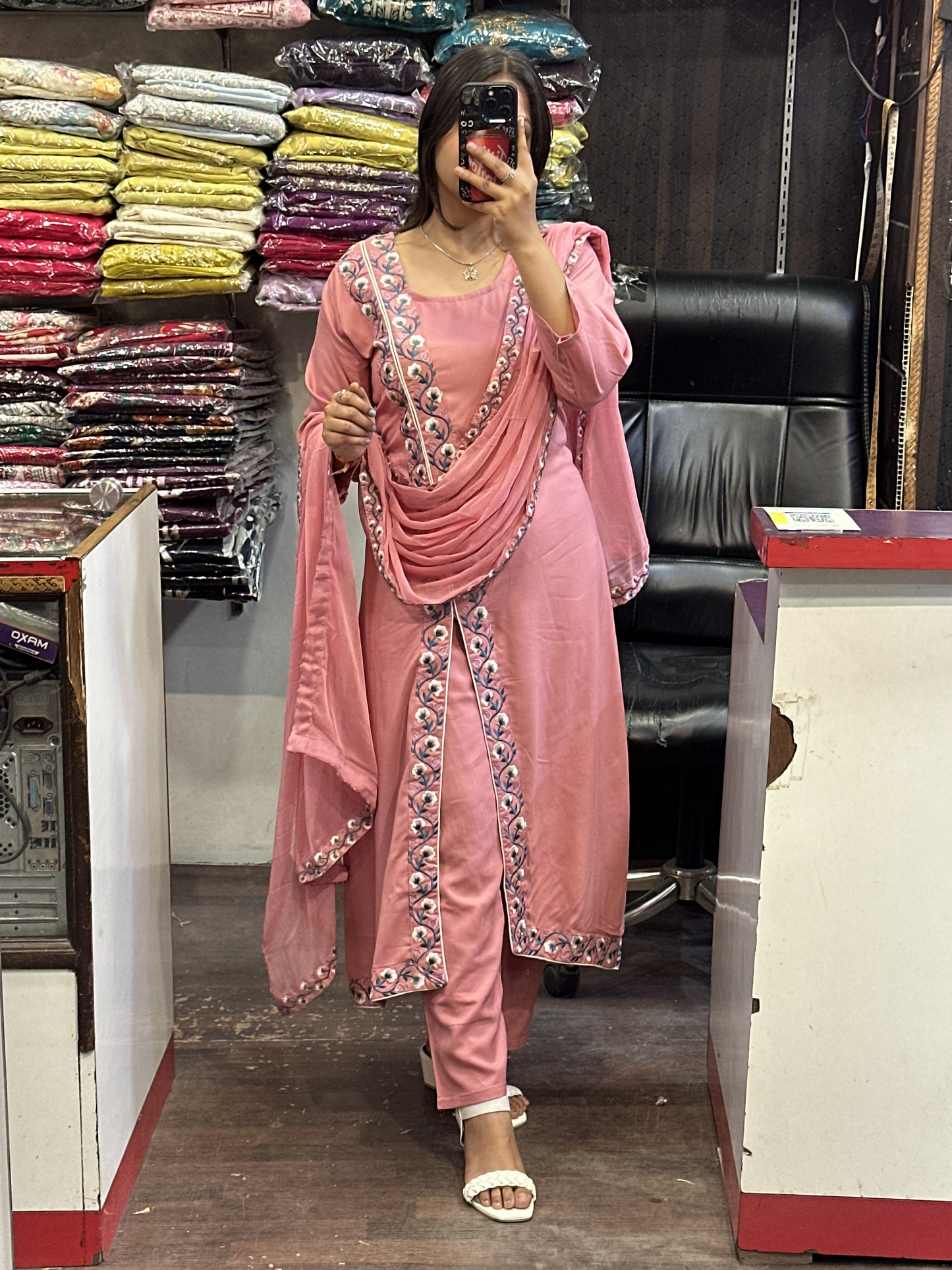 Strawberry Pink A Line Black Ryon Cotton Hand Embroidered Dress with Four sided border Pure Dupatta
