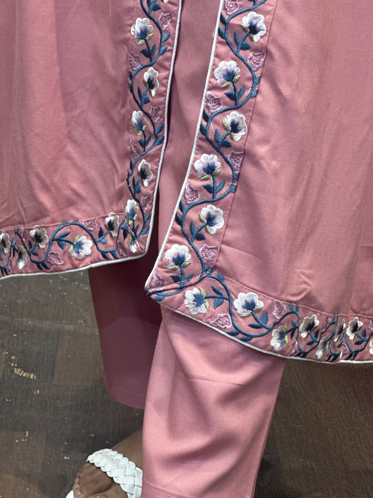 Strawberry Pink A Line Black Ryon Cotton Hand Embroidered Dress with Four sided border Pure Dupatta