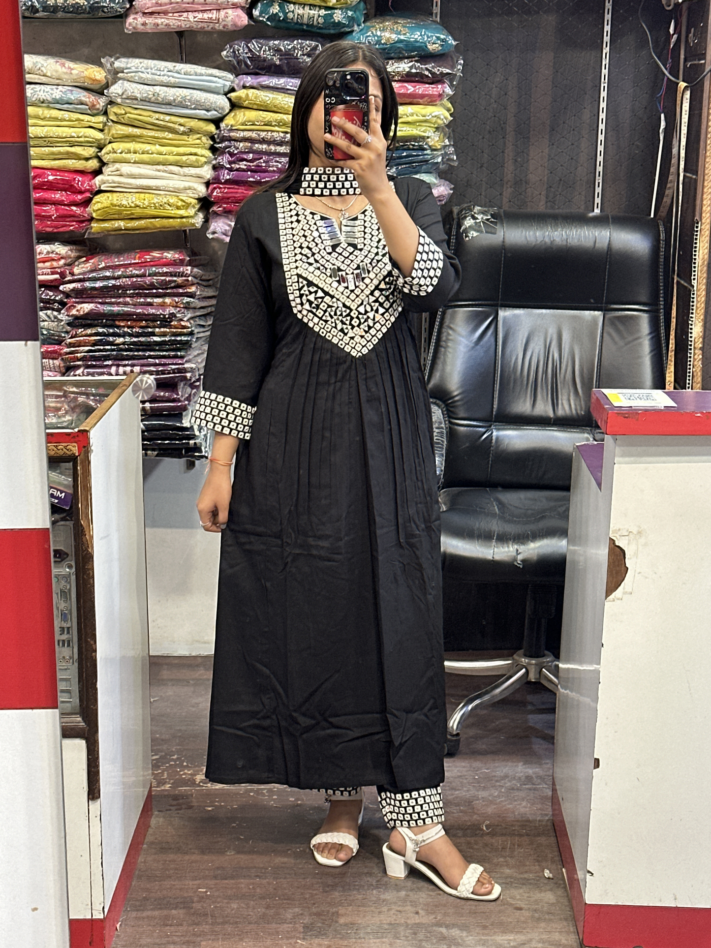 Trending A-line Black Dress in Mirror work with Embroidered Pant And Strap Dupatta