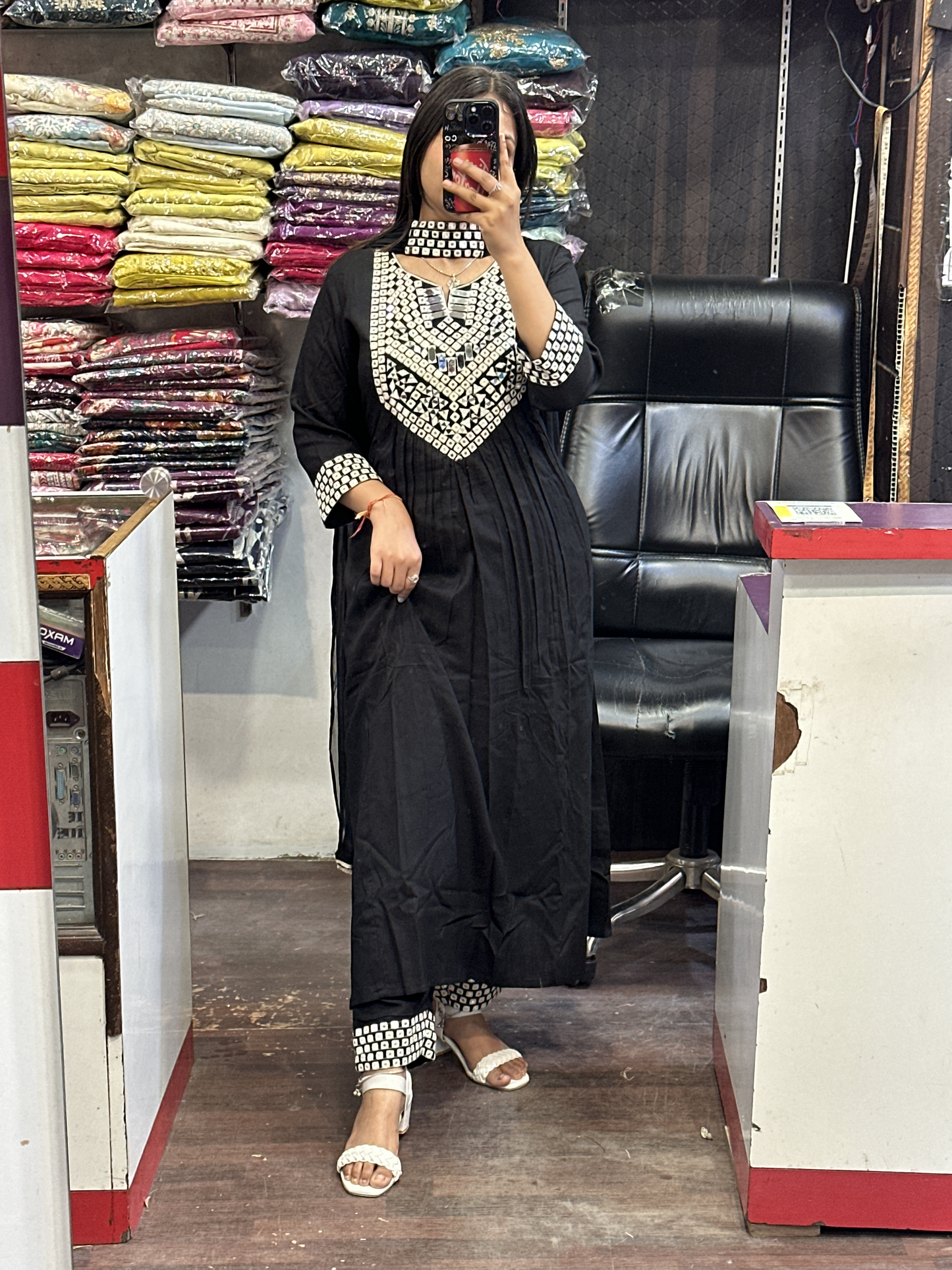 Trending A-line Black Dress in Mirror work with Embroidered Pant And Strap Dupatta