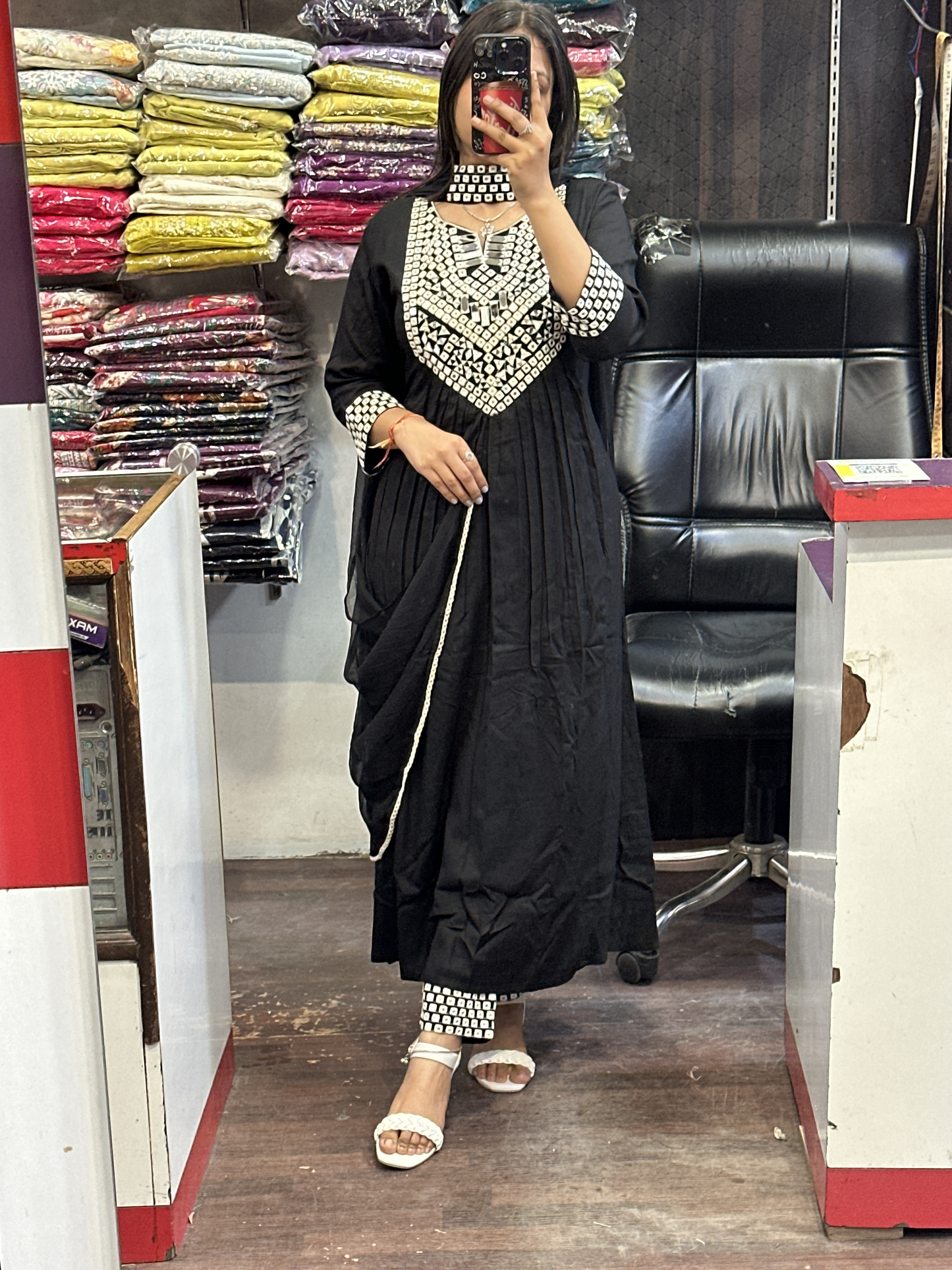 Trending A-line Black Dress in Mirror work with Embroidered Pant And Strap Dupatta