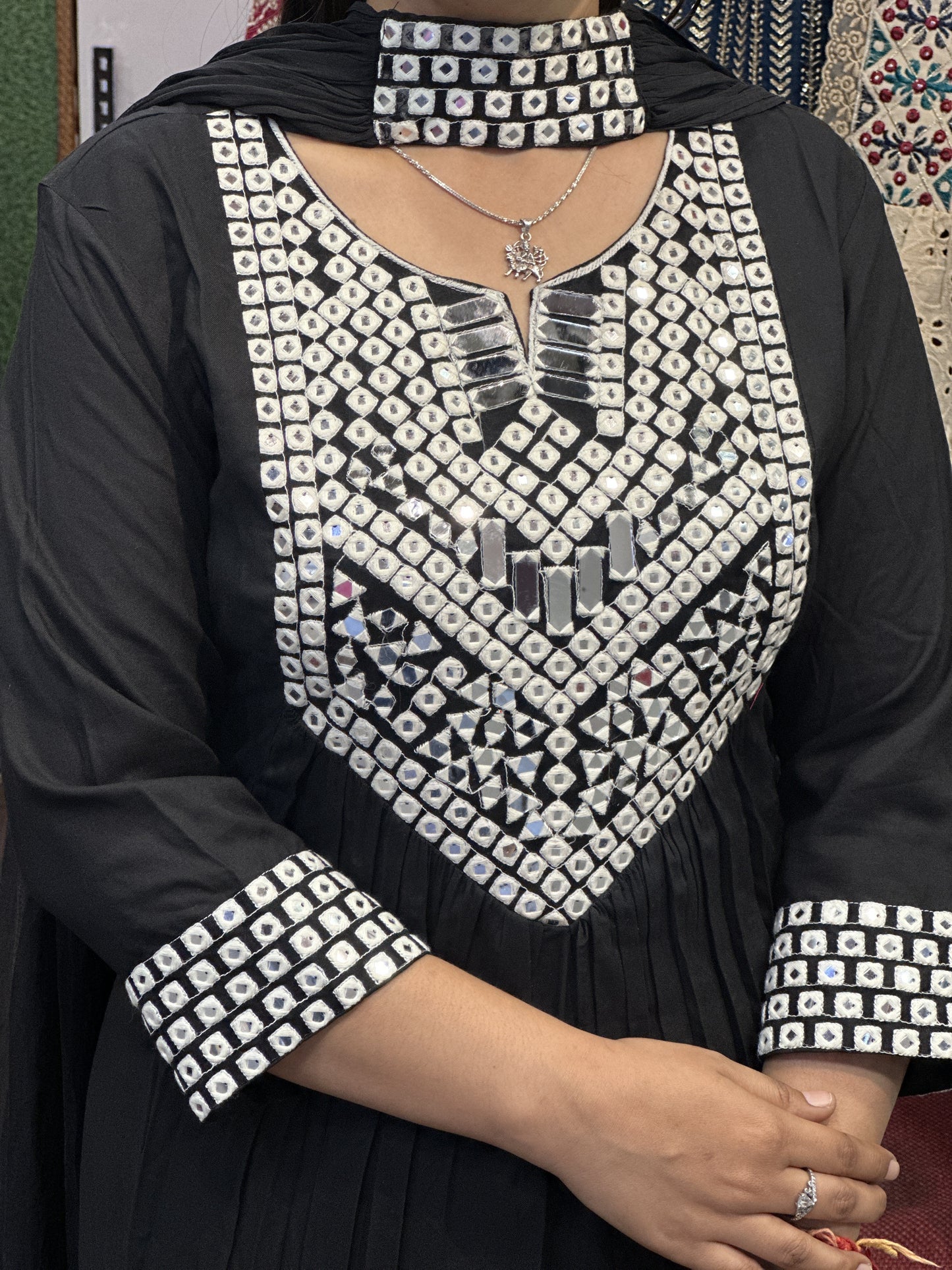 Trending A-line Black Dress in Mirror work with Embroidered Pant And Strap Dupatta