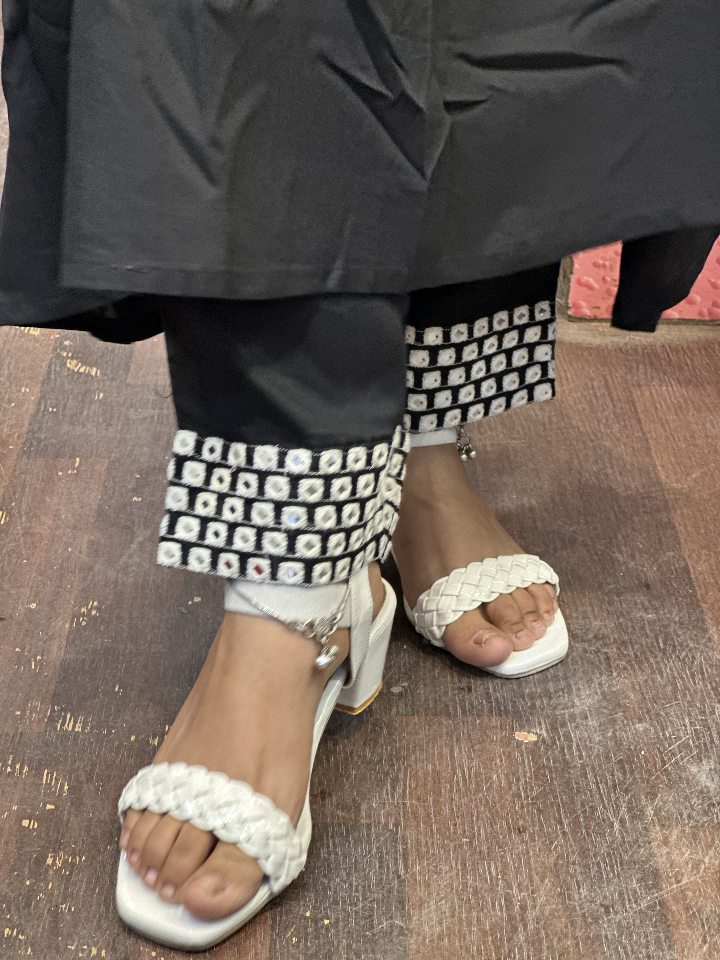Trending A-line Black Dress in Mirror work with Embroidered Pant And Strap Dupatta