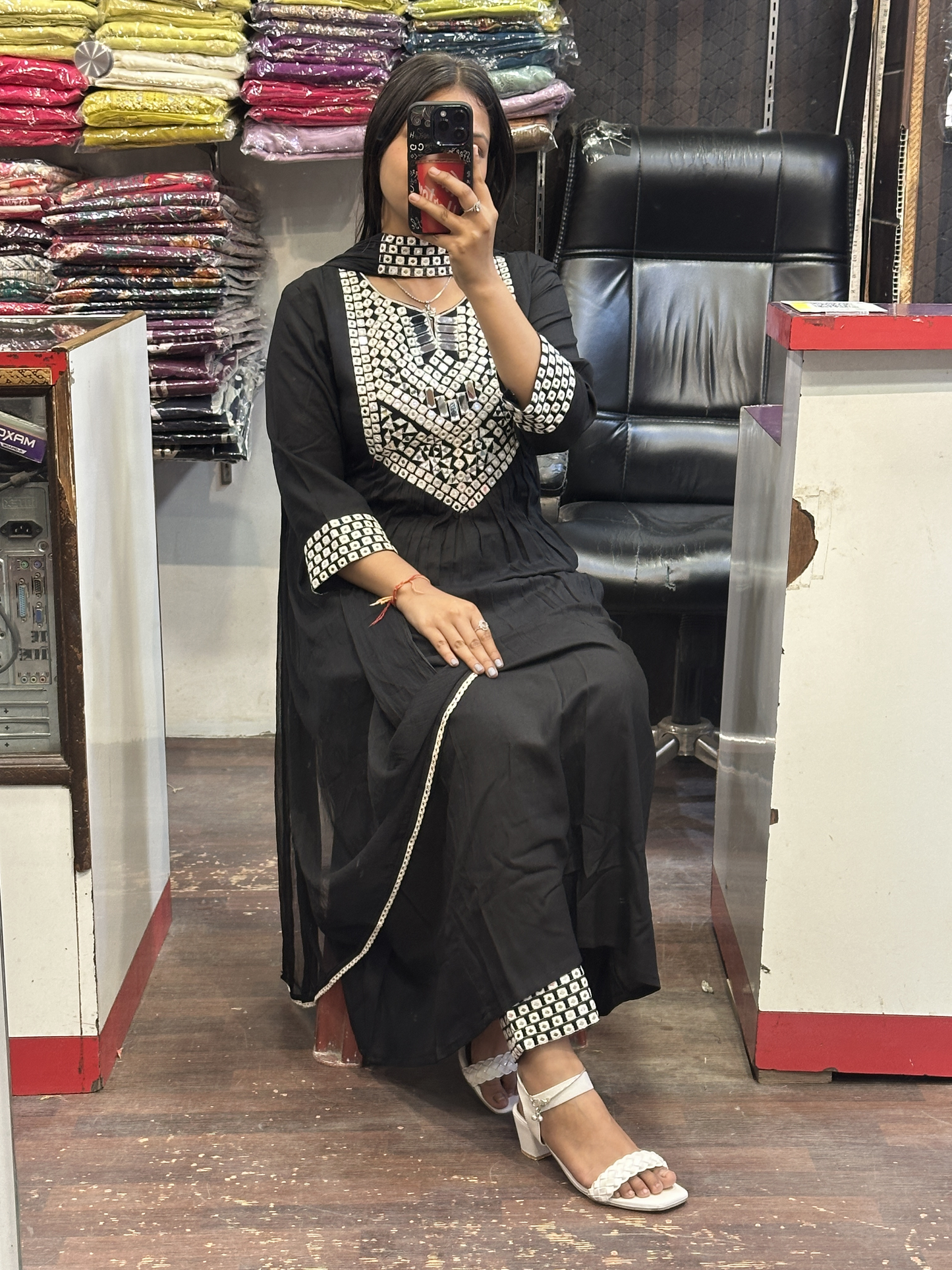 Trending A-line Black Dress in Mirror work with Embroidered Pant And Strap Dupatta