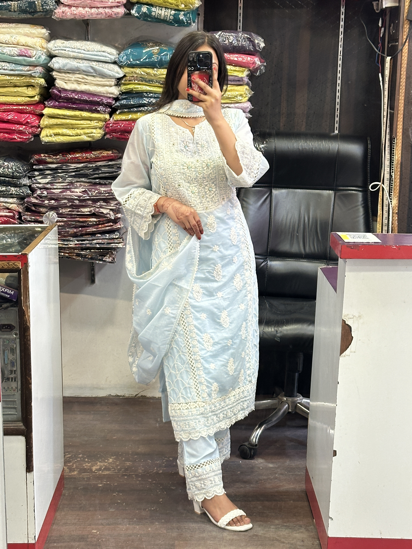 Premium Embroidered Pakistani Suit with Lining & Designer Sleeves and Embroidered Plazo Along Side Full Pure Cotton Embroidered Dupatta