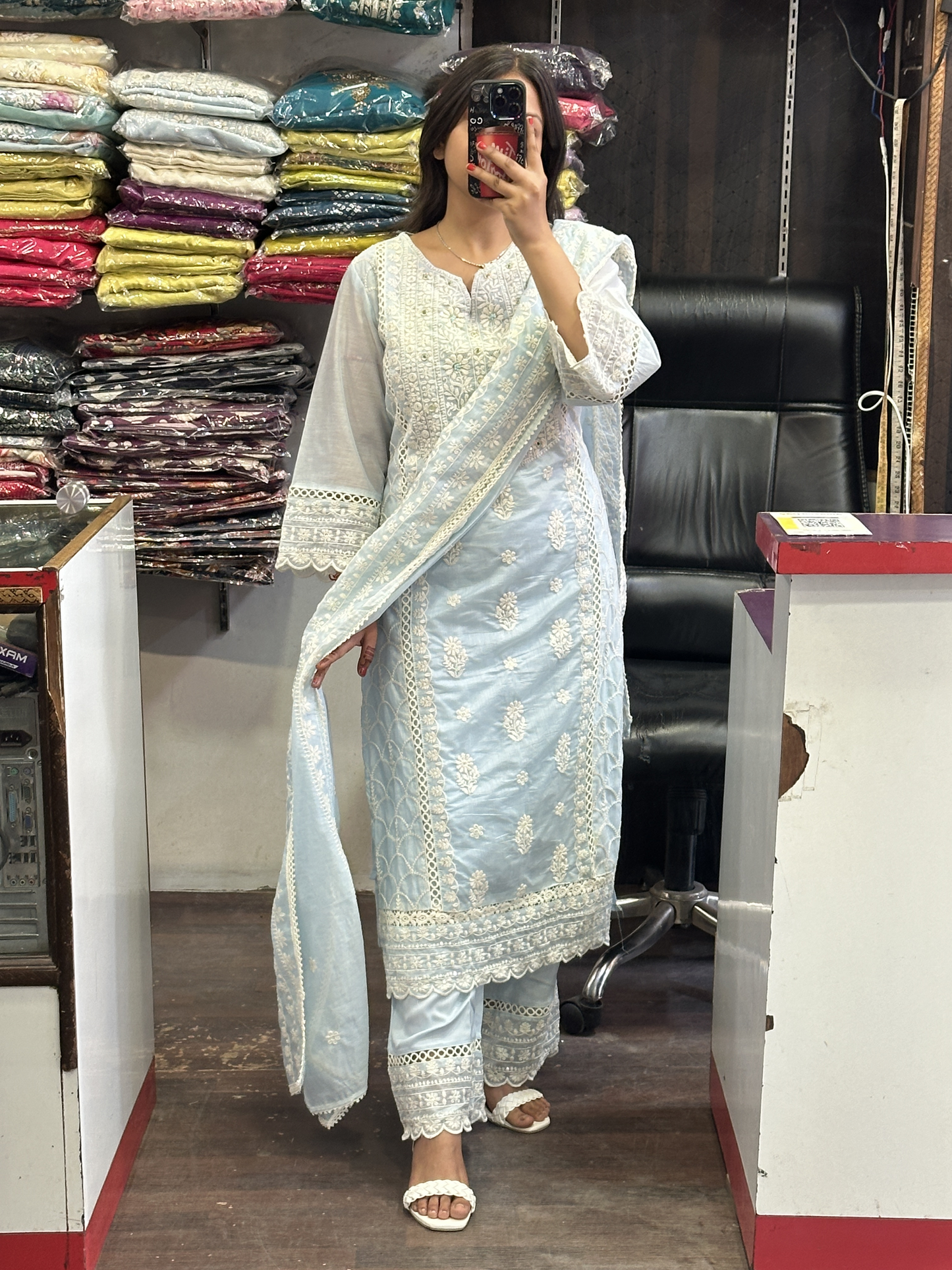 Premium Embroidered Pakistani Suit with Lining & Designer Sleeves and Embroidered Plazo Along Side Full Pure Cotton Embroidered Dupatta