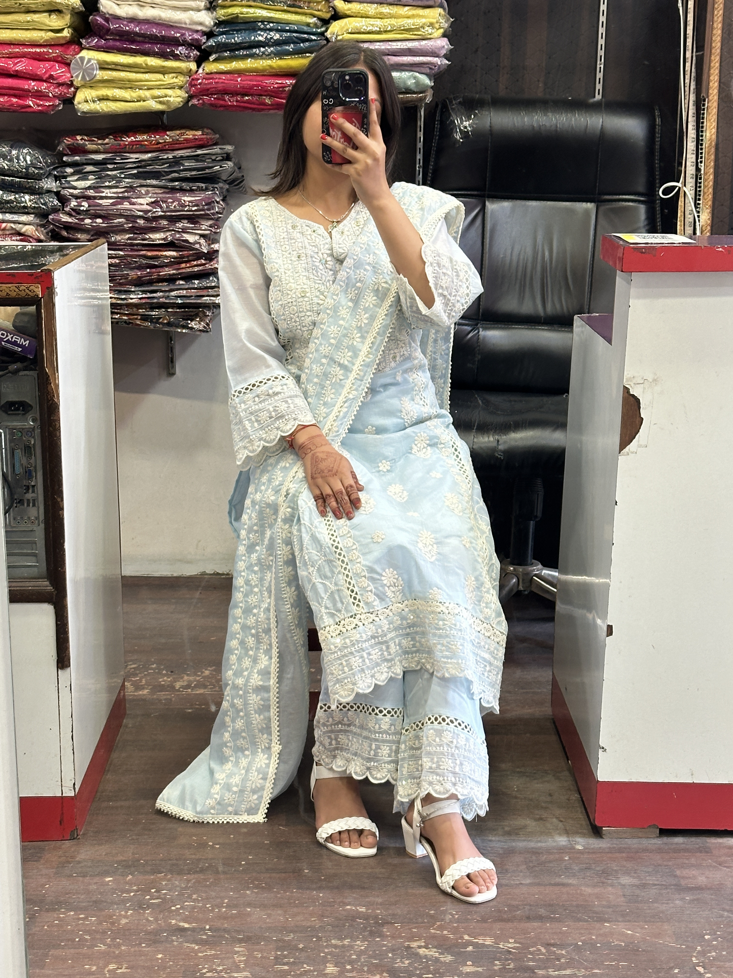 Premium Embroidered Pakistani Suit with Lining & Designer Sleeves and Embroidered Plazo Along Side Full Pure Cotton Embroidered Dupatta