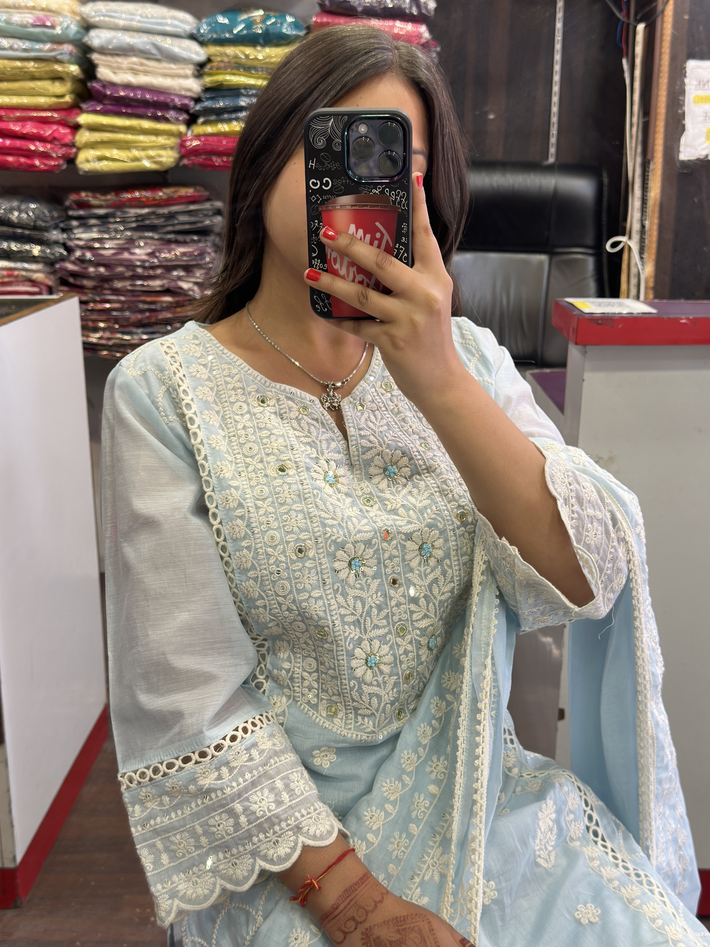 Premium Embroidered Pakistani Suit with Lining & Designer Sleeves and Embroidered Plazo Along Side Full Pure Cotton Embroidered Dupatta
