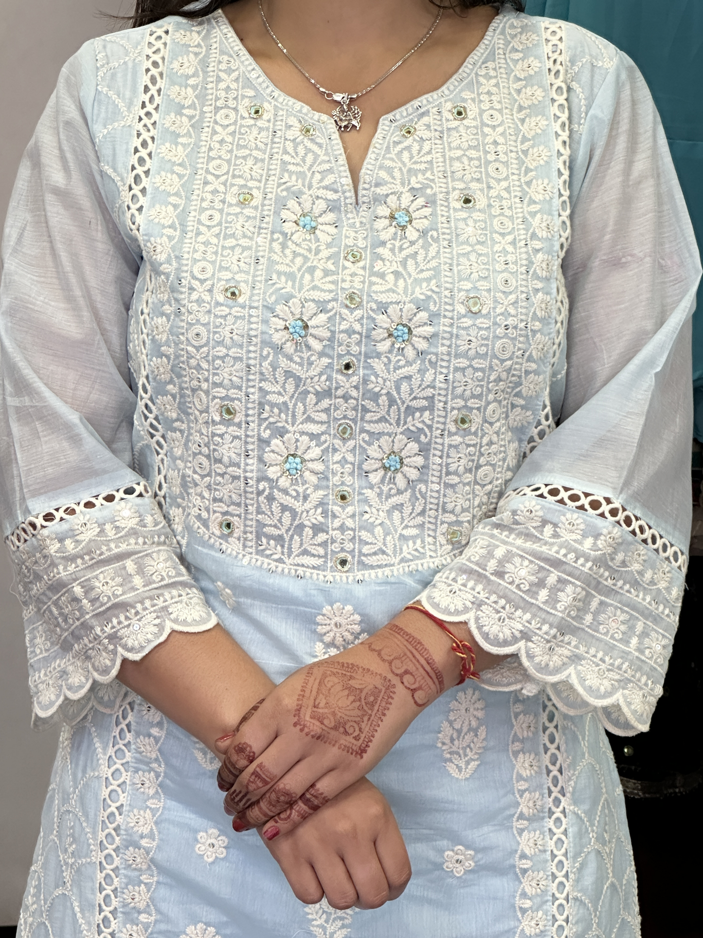 Premium Embroidered Pakistani Suit with Lining & Designer Sleeves and Embroidered Plazo Along Side Full Pure Cotton Embroidered Dupatta