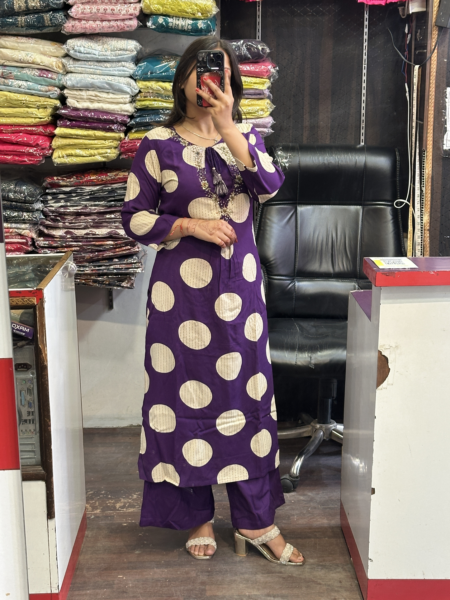 Purple Polka Elegant premium Cotton kurti with pant and inner