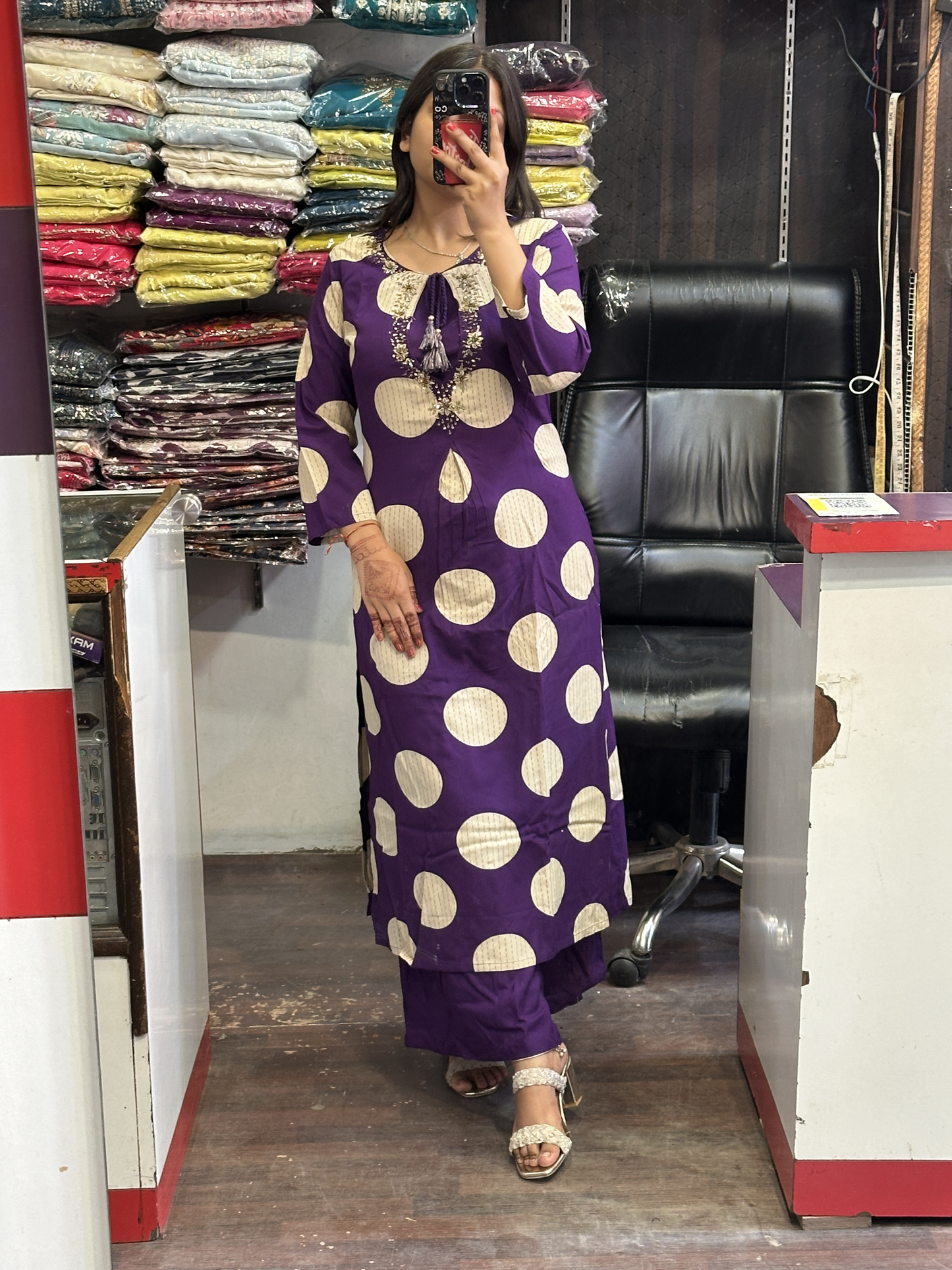 Purple Polka Elegant premium Cotton kurti with pant and inner