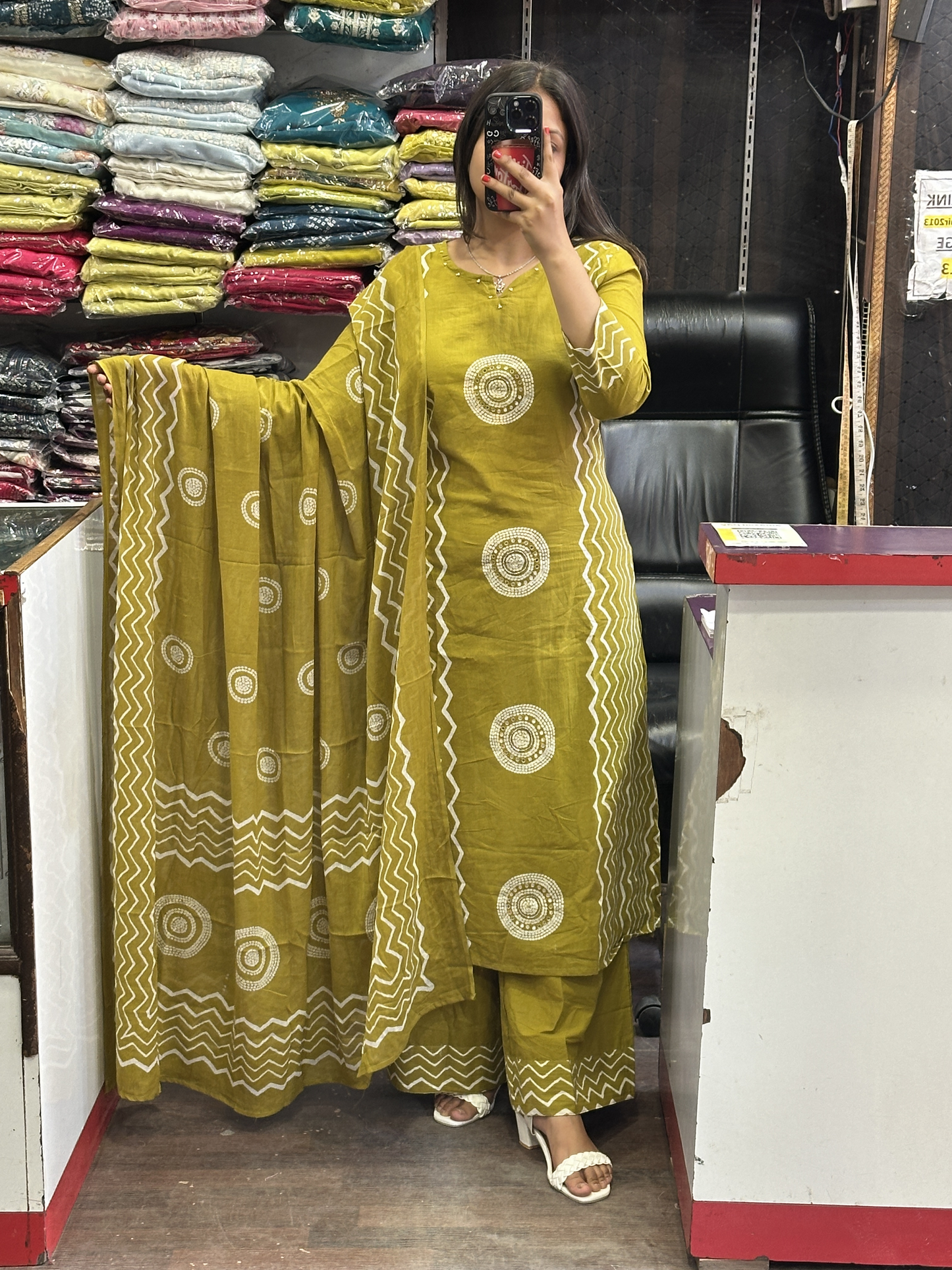 Mustard Geometric Pure Cotton office Wear Suit with Pant and Cotton Dupatta
