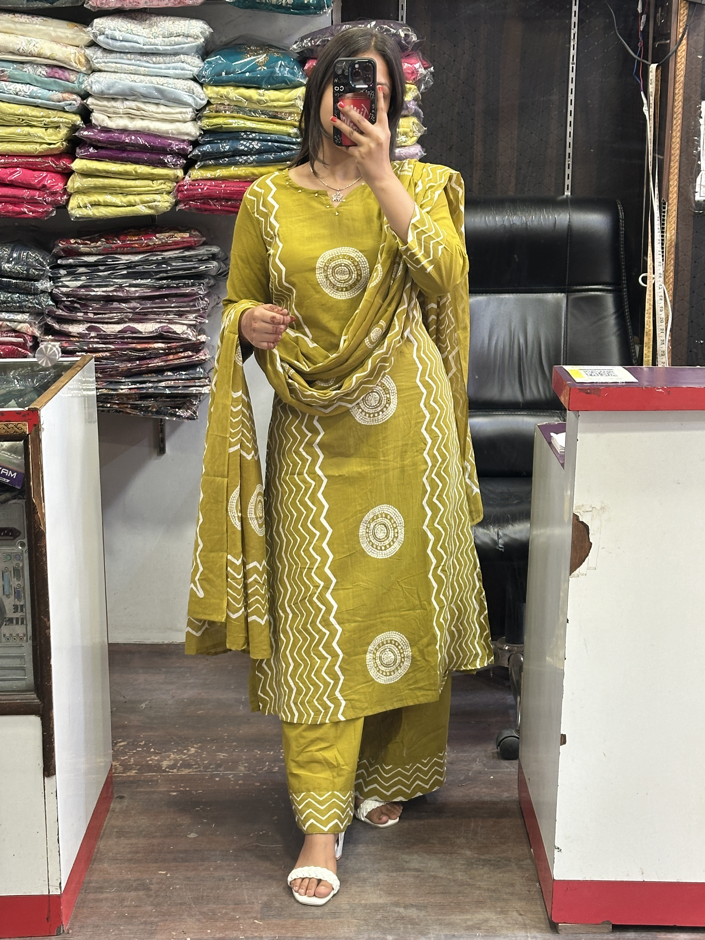 Mustard Geometric Pure Cotton office Wear Suit with Pant and Cotton Dupatta