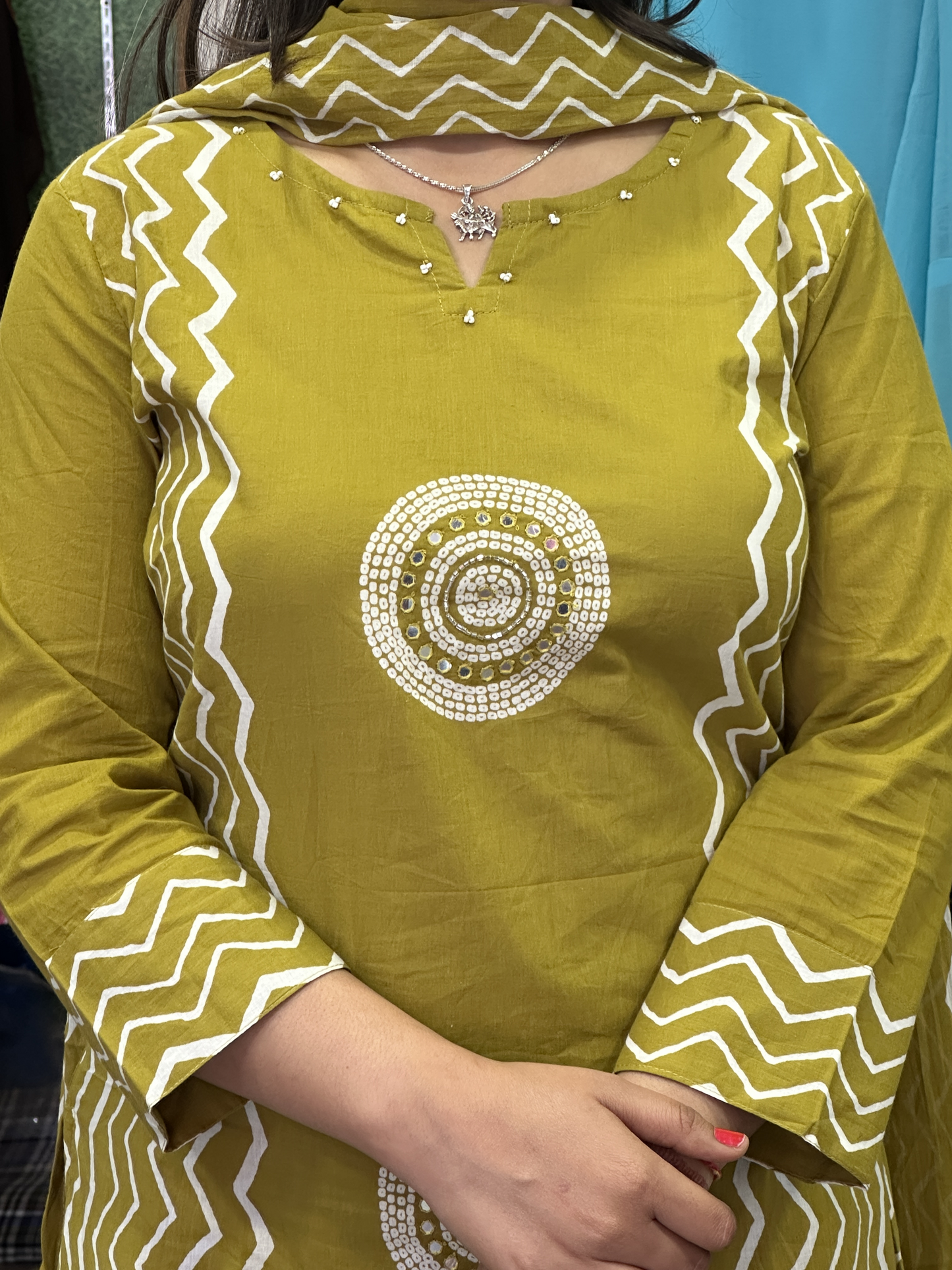 Mustard Geometric Pure Cotton office Wear Suit with Pant and Cotton Dupatta