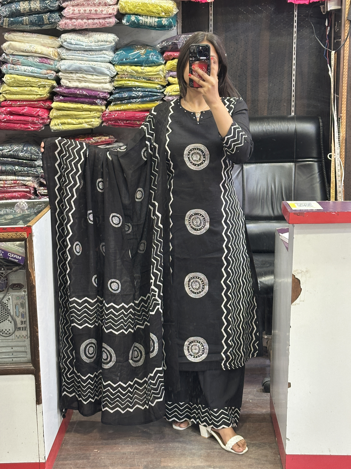 Black Geometric Pure Cotton office Wear Suit with Pant and Cotton Dupatta