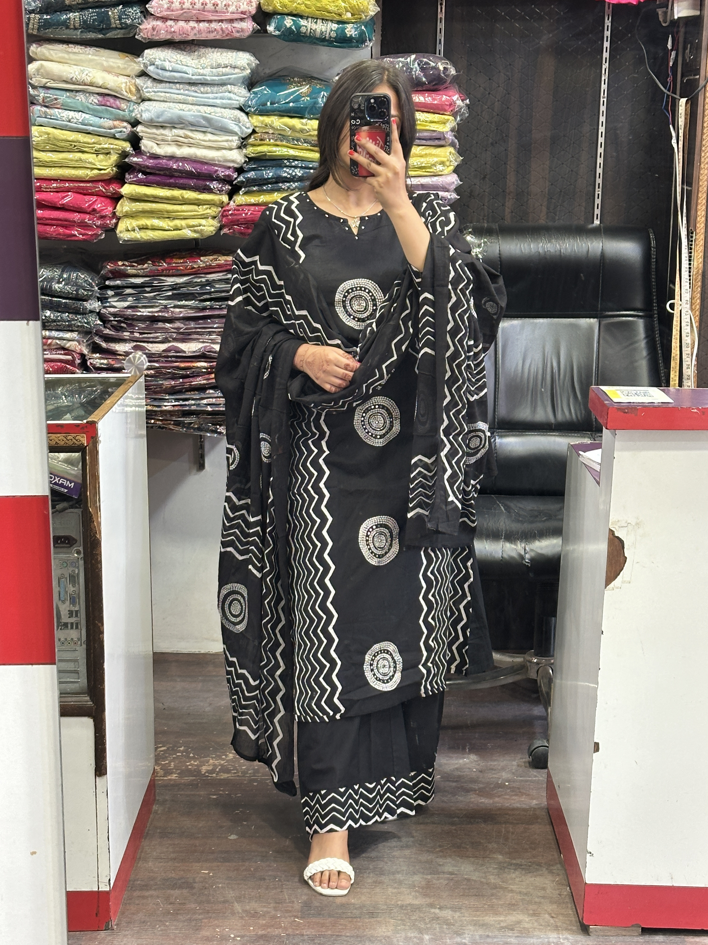 Black Geometric Pure Cotton office Wear Suit with Pant and Cotton Dupatta