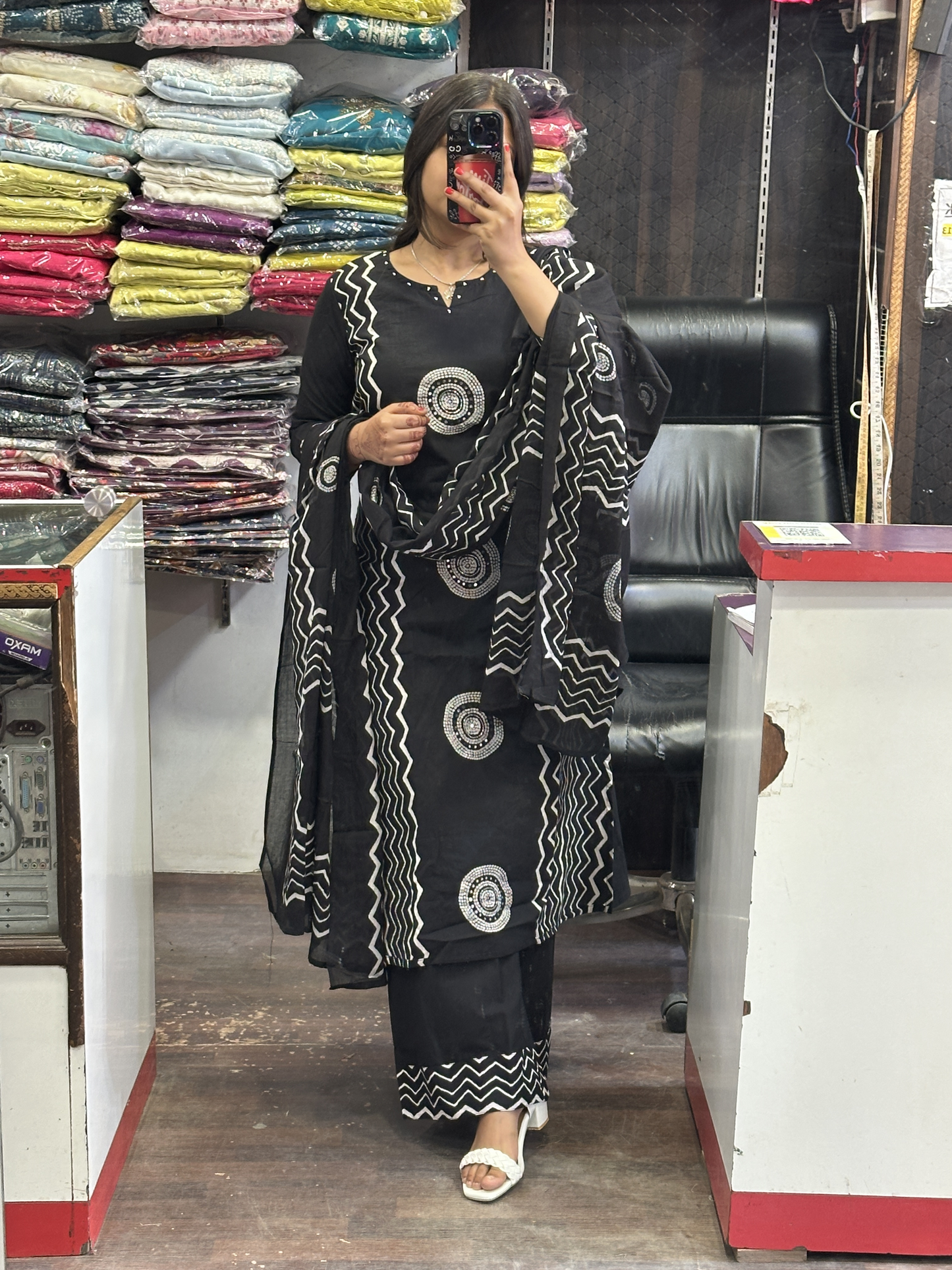 Black Geometric Pure Cotton office Wear Suit with Pant and Cotton Dupatta