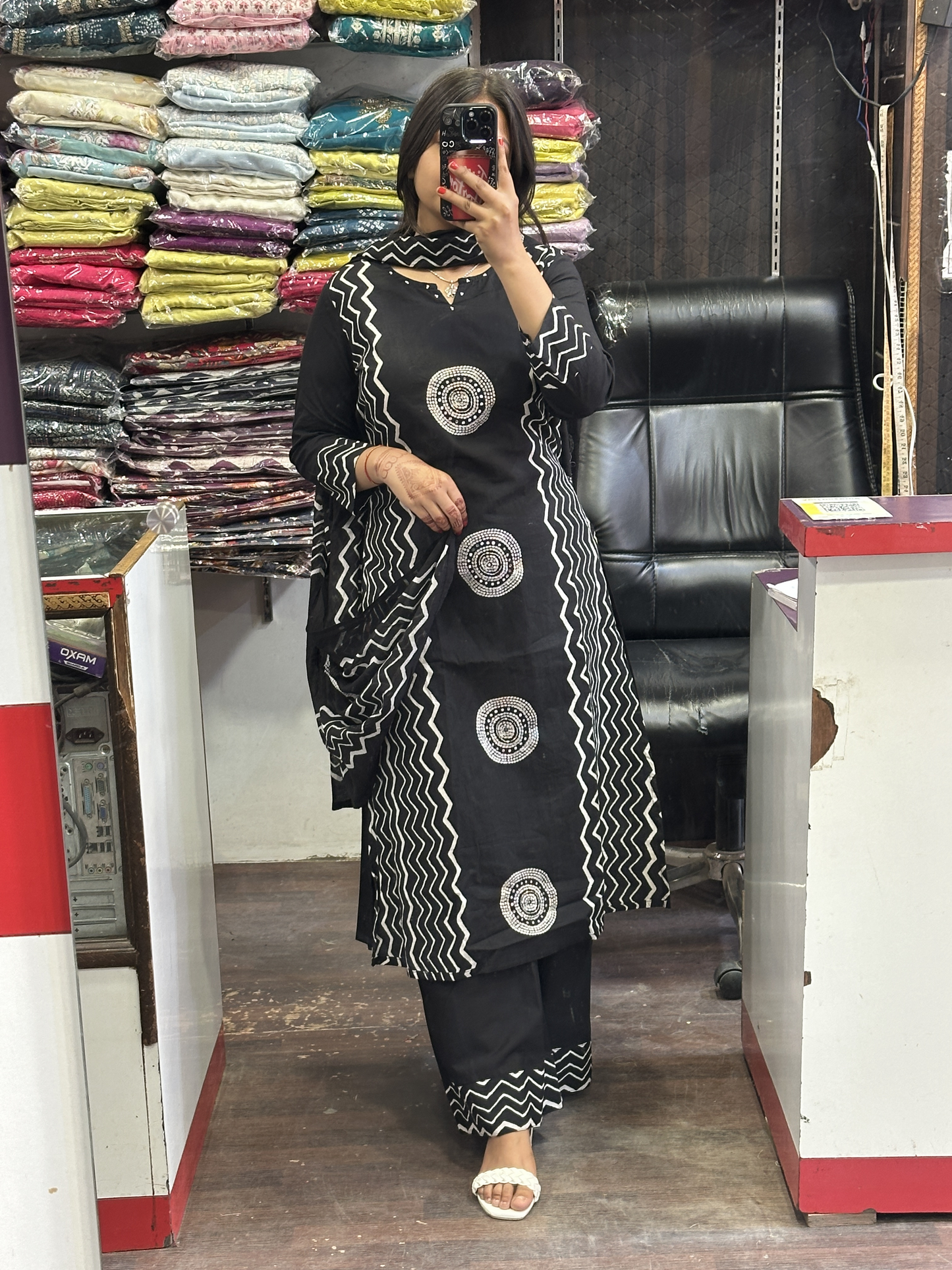 Black Geometric Pure Cotton office Wear Suit with Pant and Cotton Dupatta