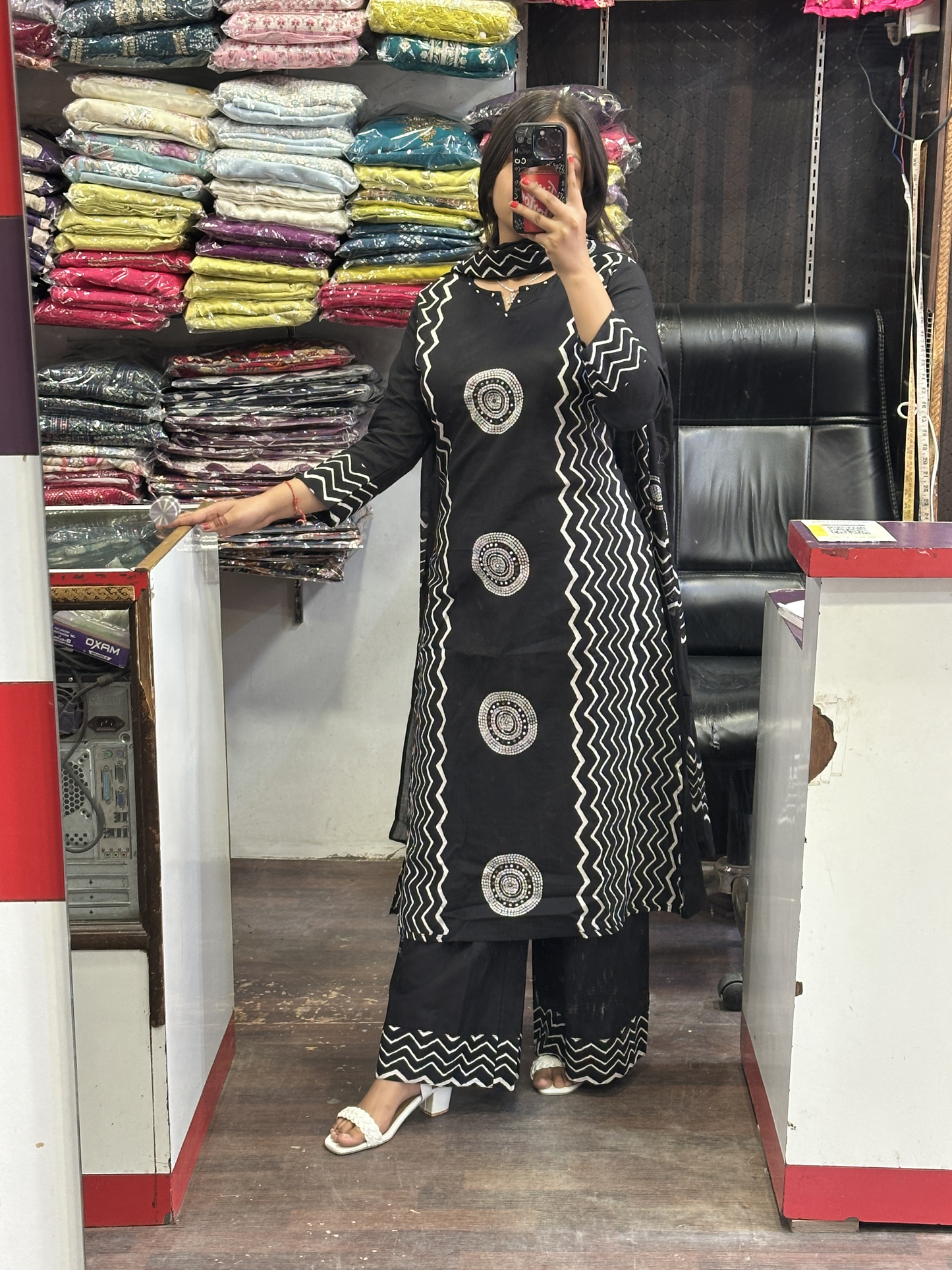 Black Geometric Pure Cotton office Wear Suit with Pant and Cotton Dupatta