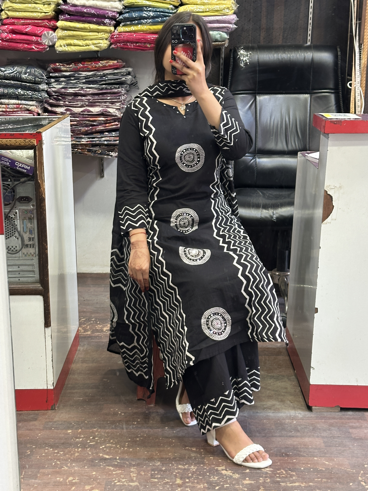 Black Geometric Pure Cotton office Wear Suit with Pant and Cotton Dupatta