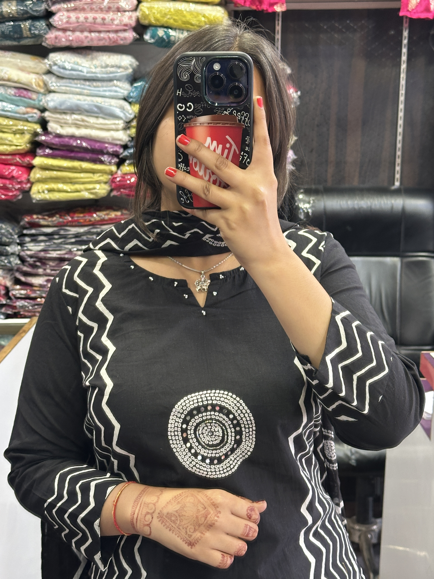 Black Geometric Pure Cotton office Wear Suit with Pant and Cotton Dupatta
