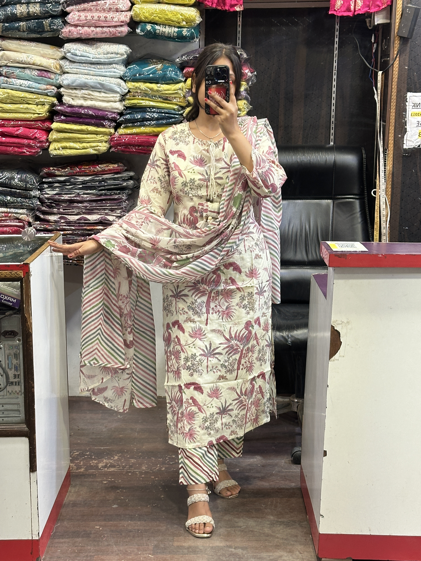 Floral Pure Cotton Neck Embroidered office Wear Suit with Pant and Cotton Dupatta