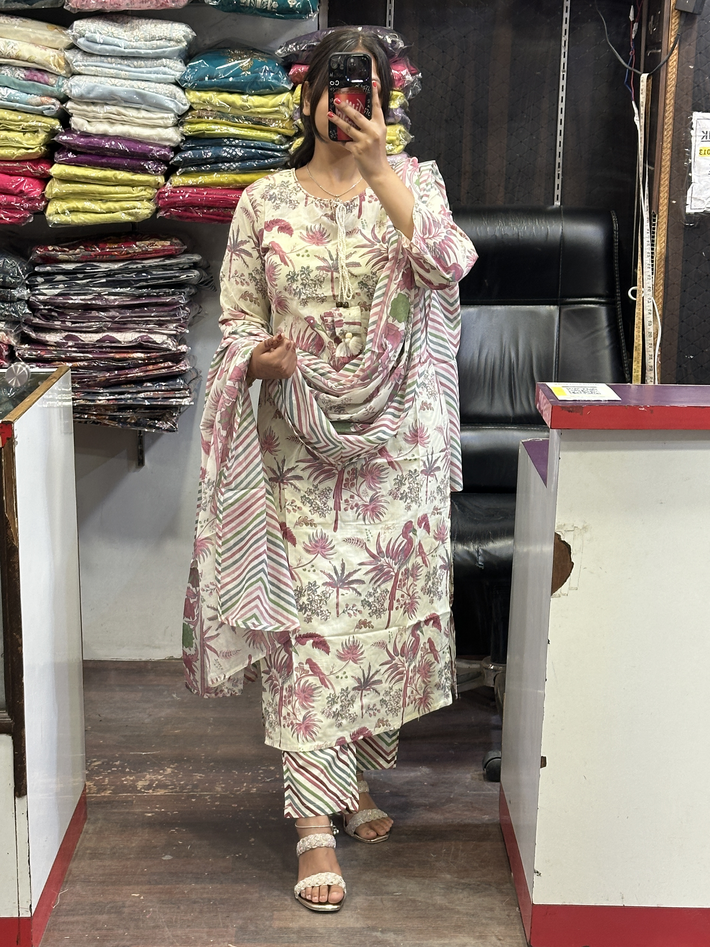 Floral Pure Cotton Neck Embroidered office Wear Suit with Pant and Cotton Dupatta