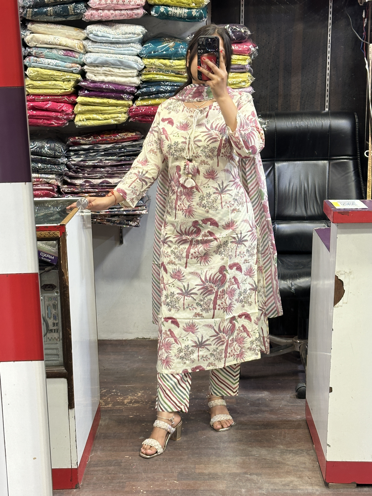 Floral Pure Cotton Neck Embroidered office Wear Suit with Pant and Cotton Dupatta
