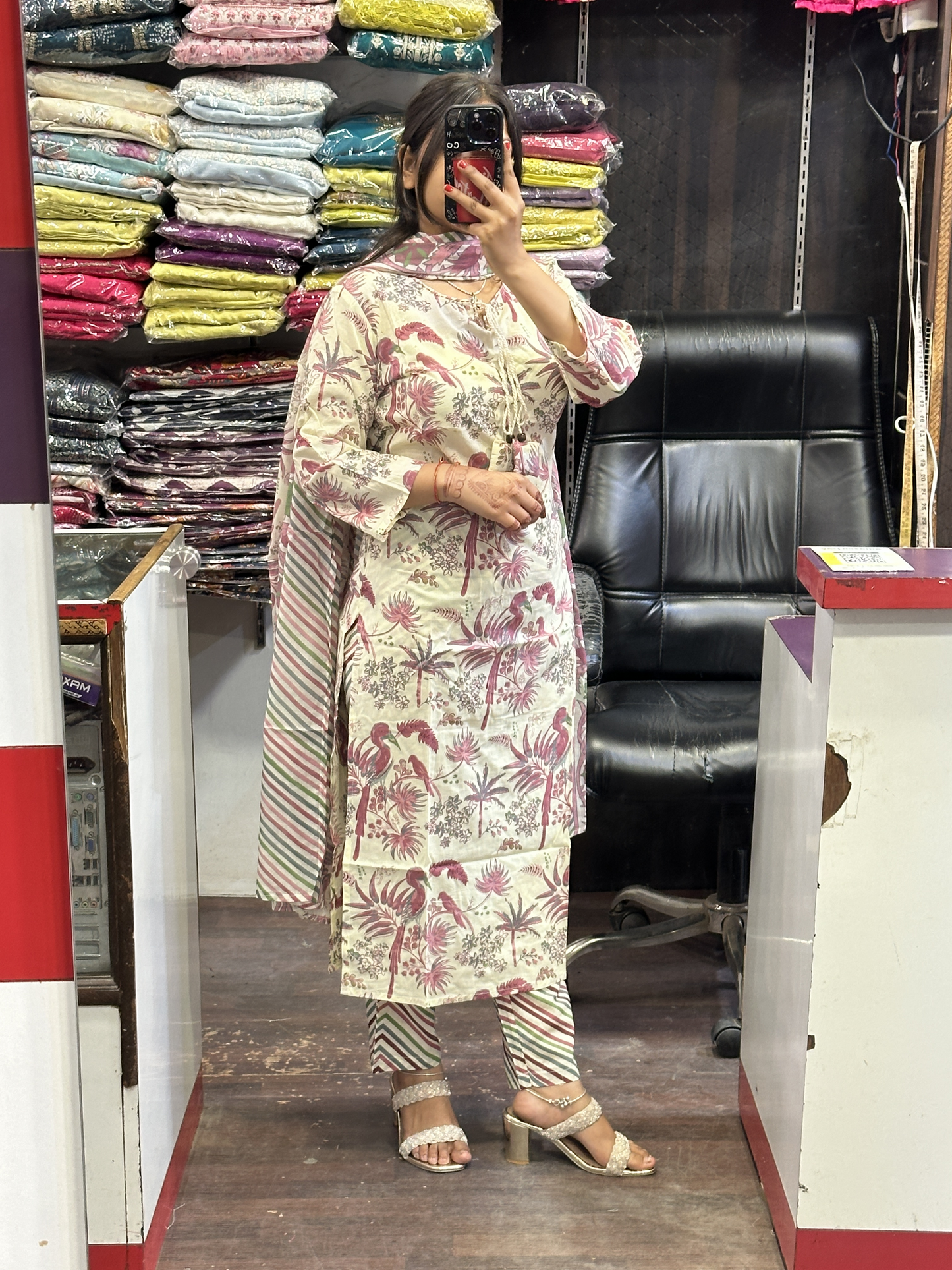 Floral Pure Cotton Neck Embroidered office Wear Suit with Pant and Cotton Dupatta